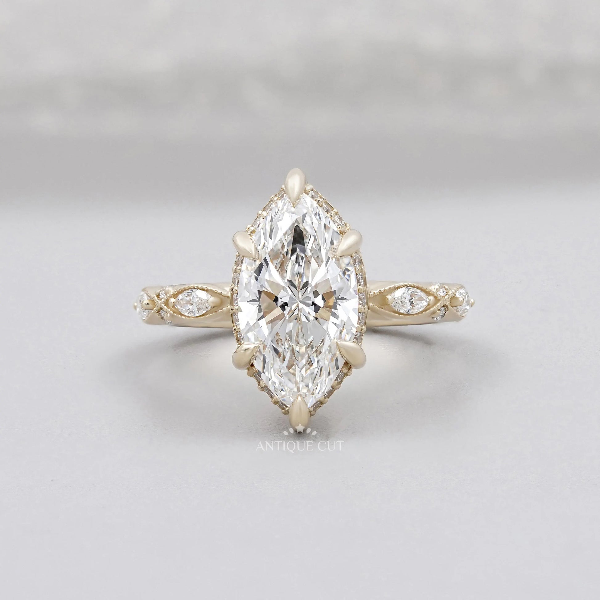 Marquise Cut Engagement Ring with Vintage Band in Yellow Gold IGI Certified