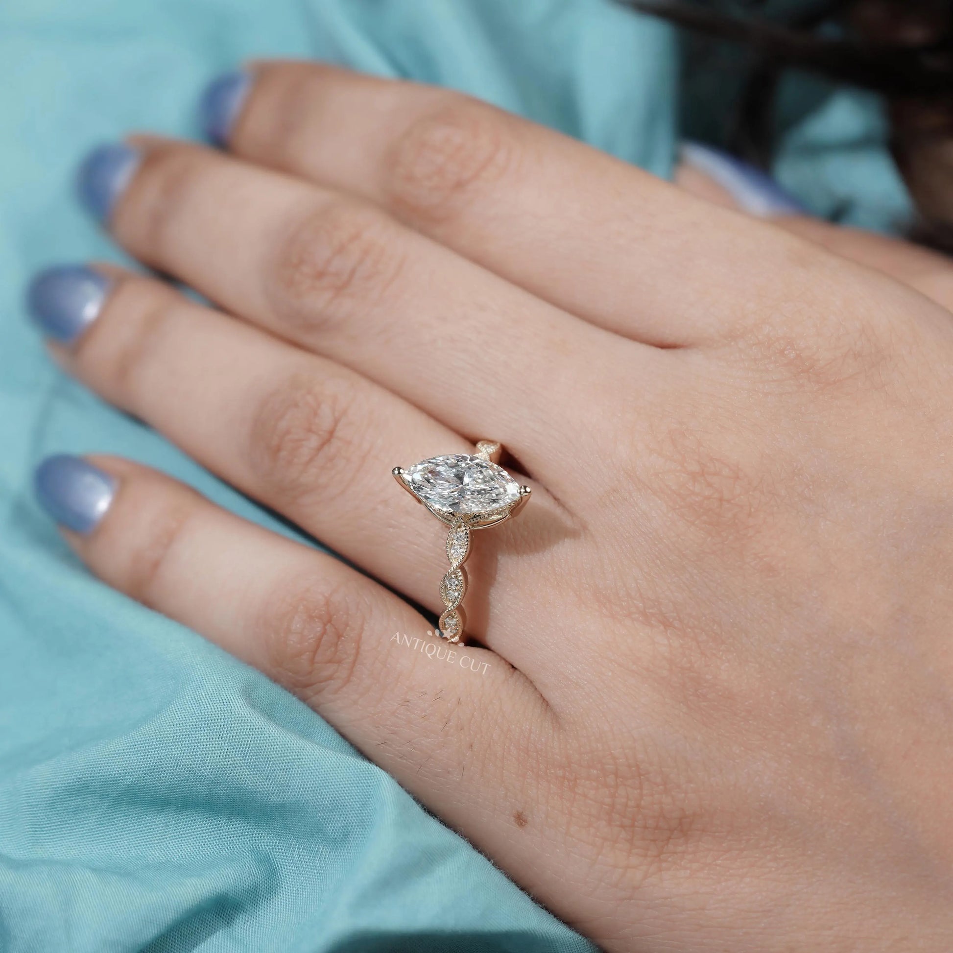 Lab grown marquise diamond ring with vintage inspired details