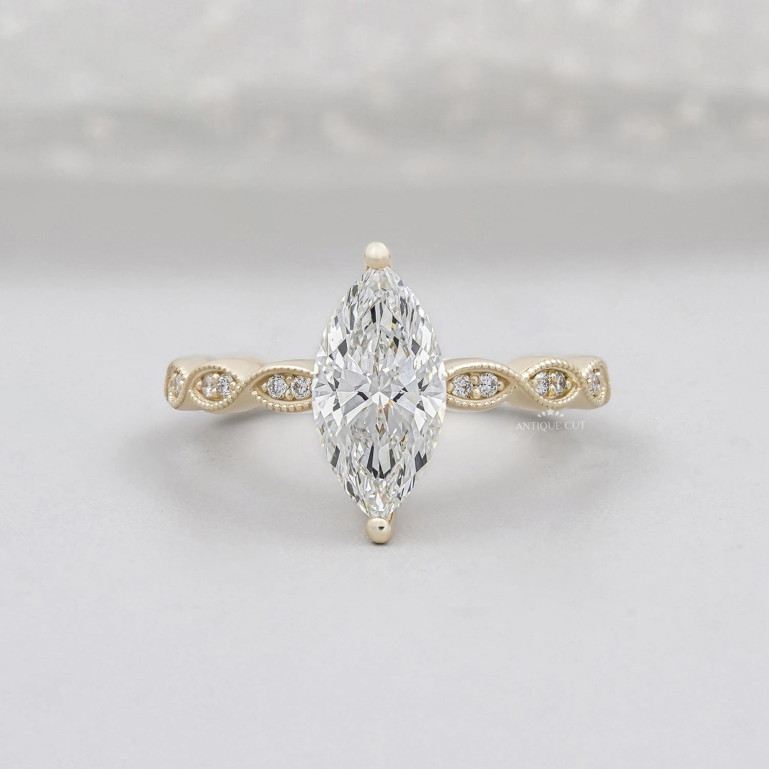 Marquise Cut Engagement Ring Vintage Inspired Diamond Band in Yellow Gold IGI Certified