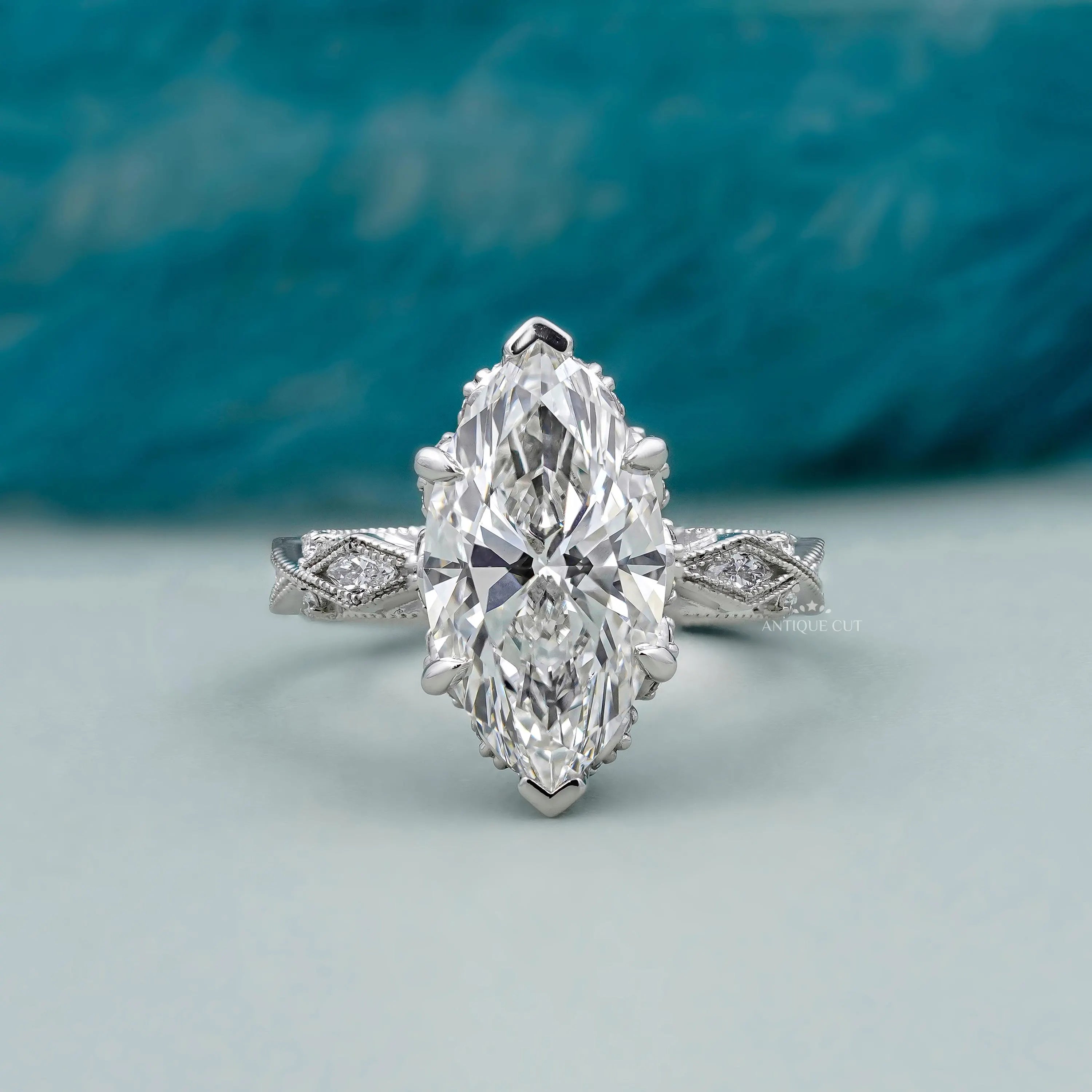 Vintage marquise cut diamond ring in white gold