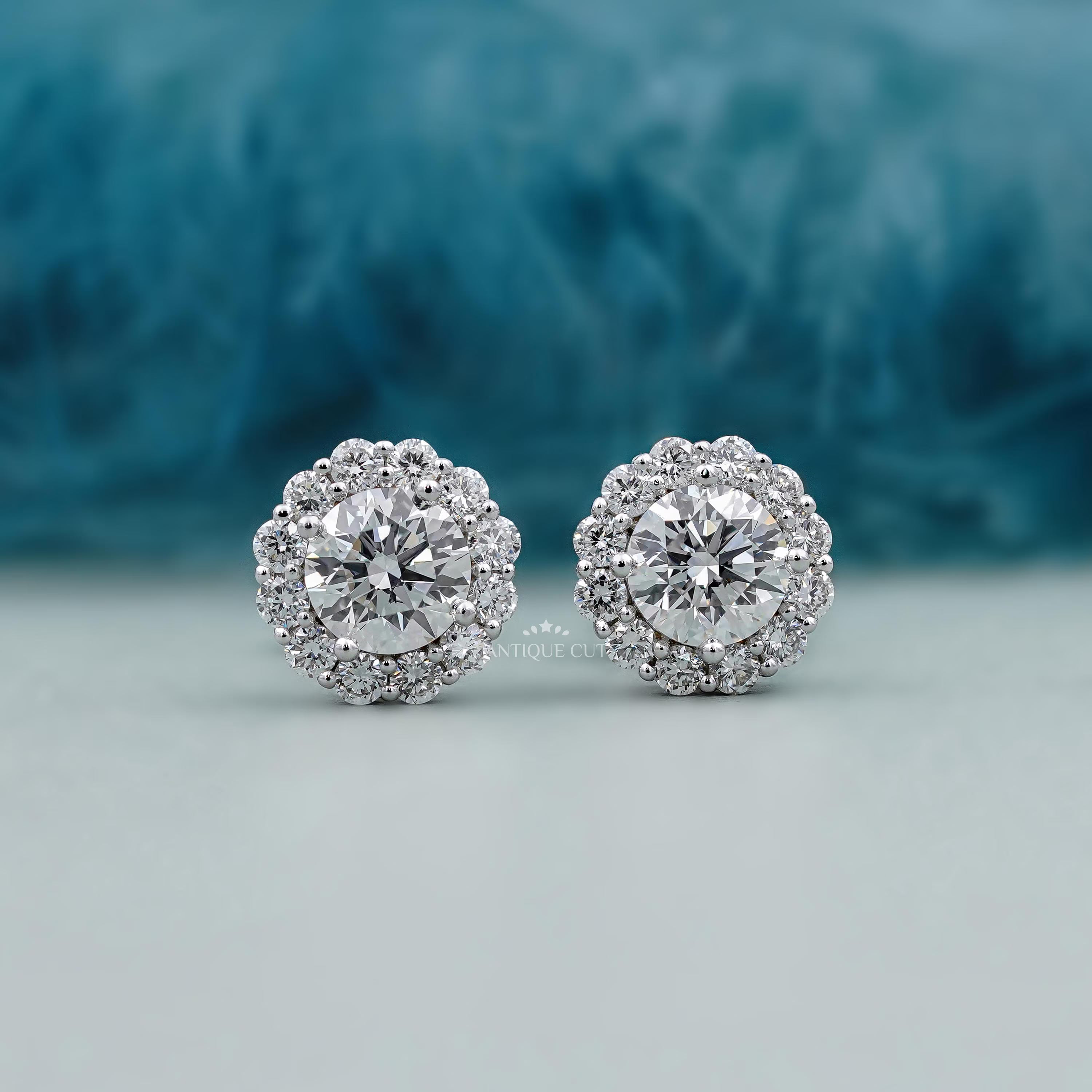 Round Diamond Halo Stud Earrings with Solitaire Diamond in White Gold