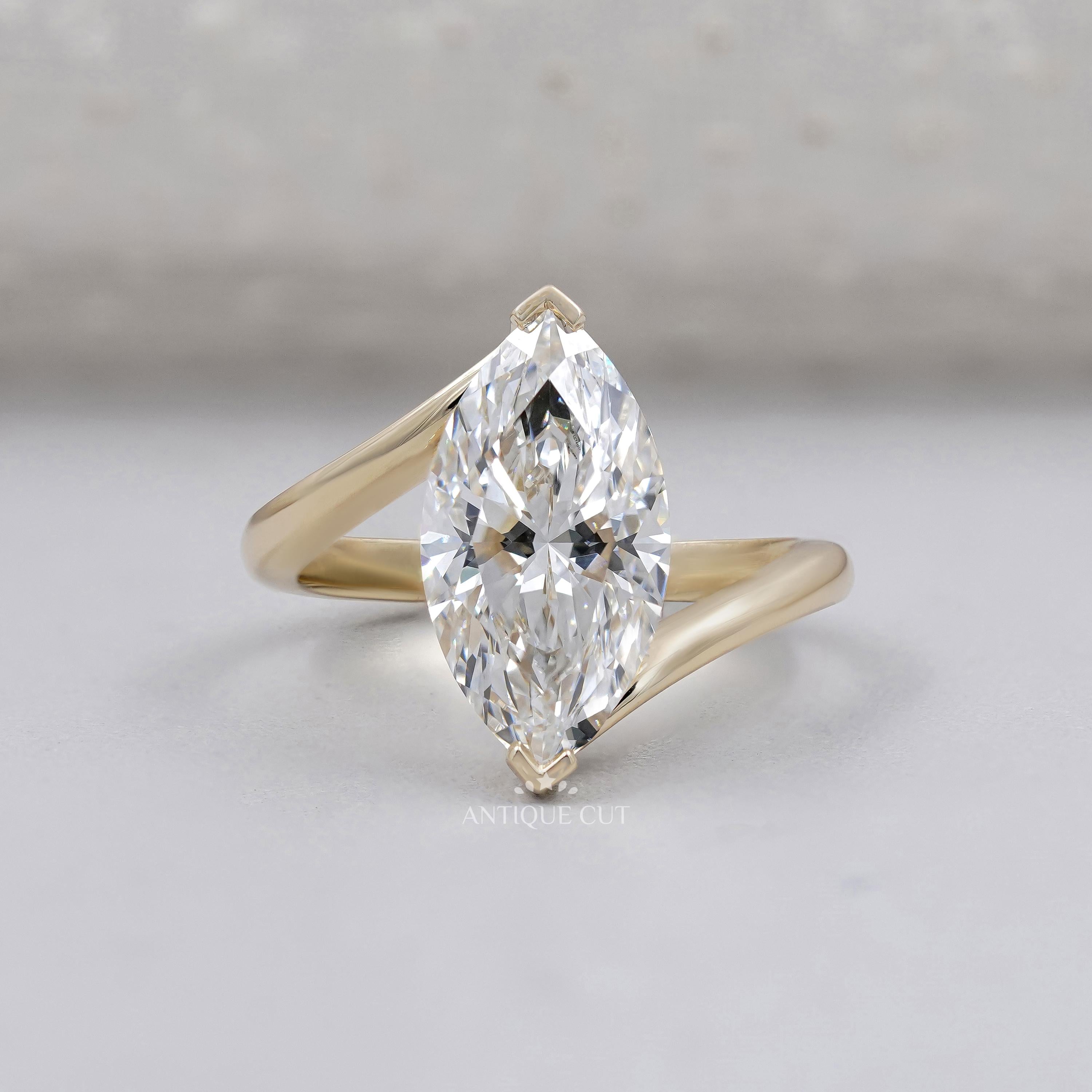 Bypass Setting Marquise Cut Engagement Ring Solitaire Diamond V Prongs in Yellow Gold