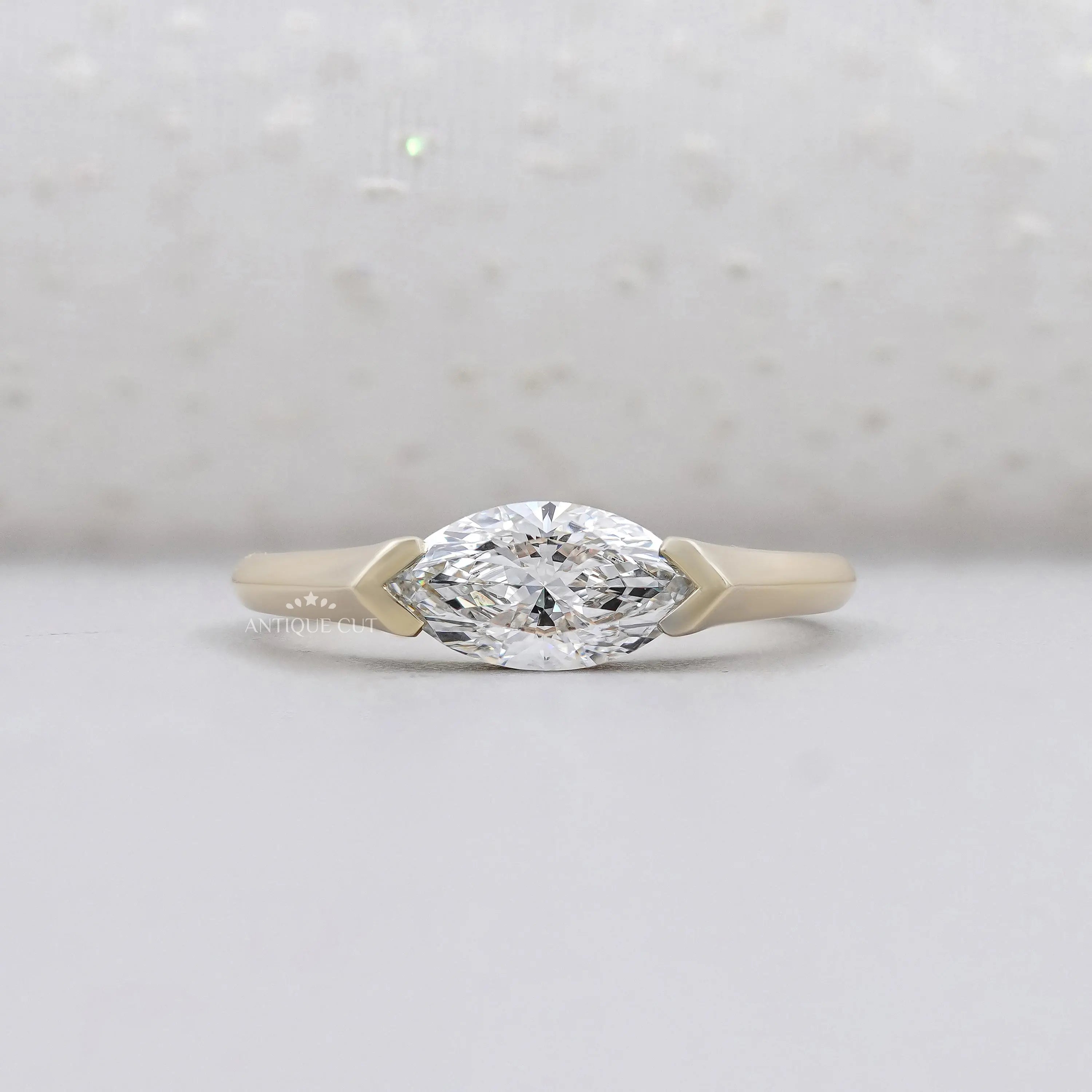 East West Marquise Cut Engagement Ring Solitaire Diamond in Yellow Gold