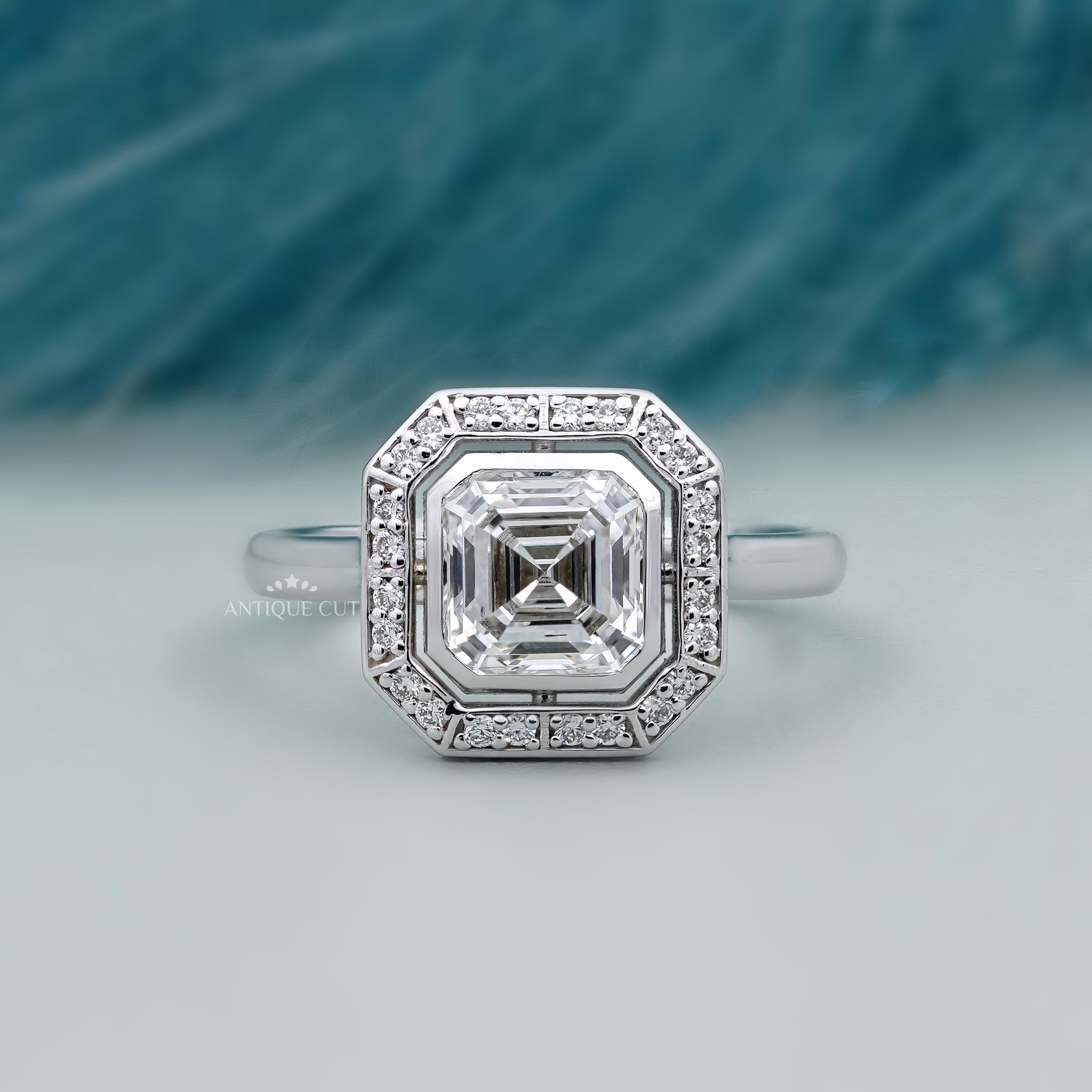 Bezel Set Halo Engagement Ring Asscher Cut Diamond in White Gold
