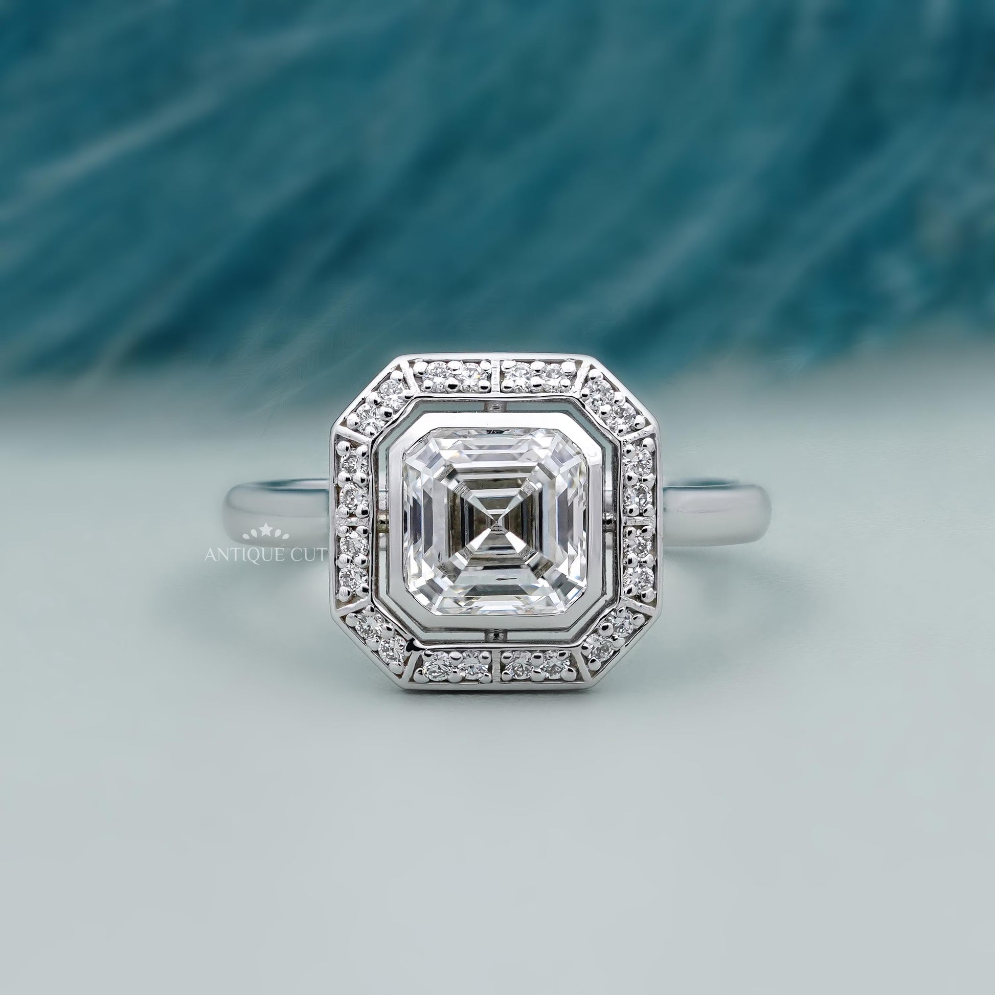Bezel Set Halo Engagement Ring Asscher Cut Diamond in White Gold