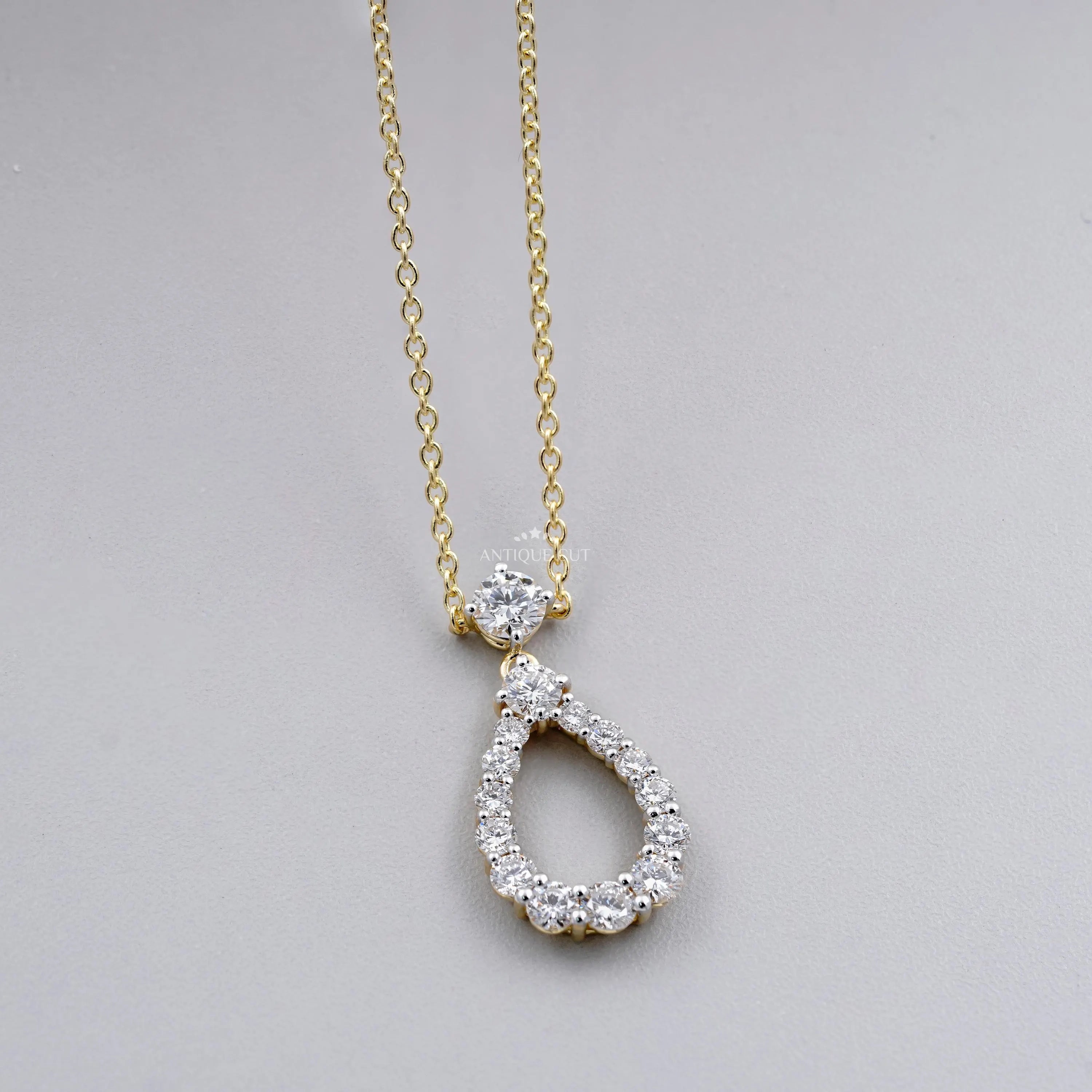 Elegant diamond design teardrop pendant necklace yellow gold