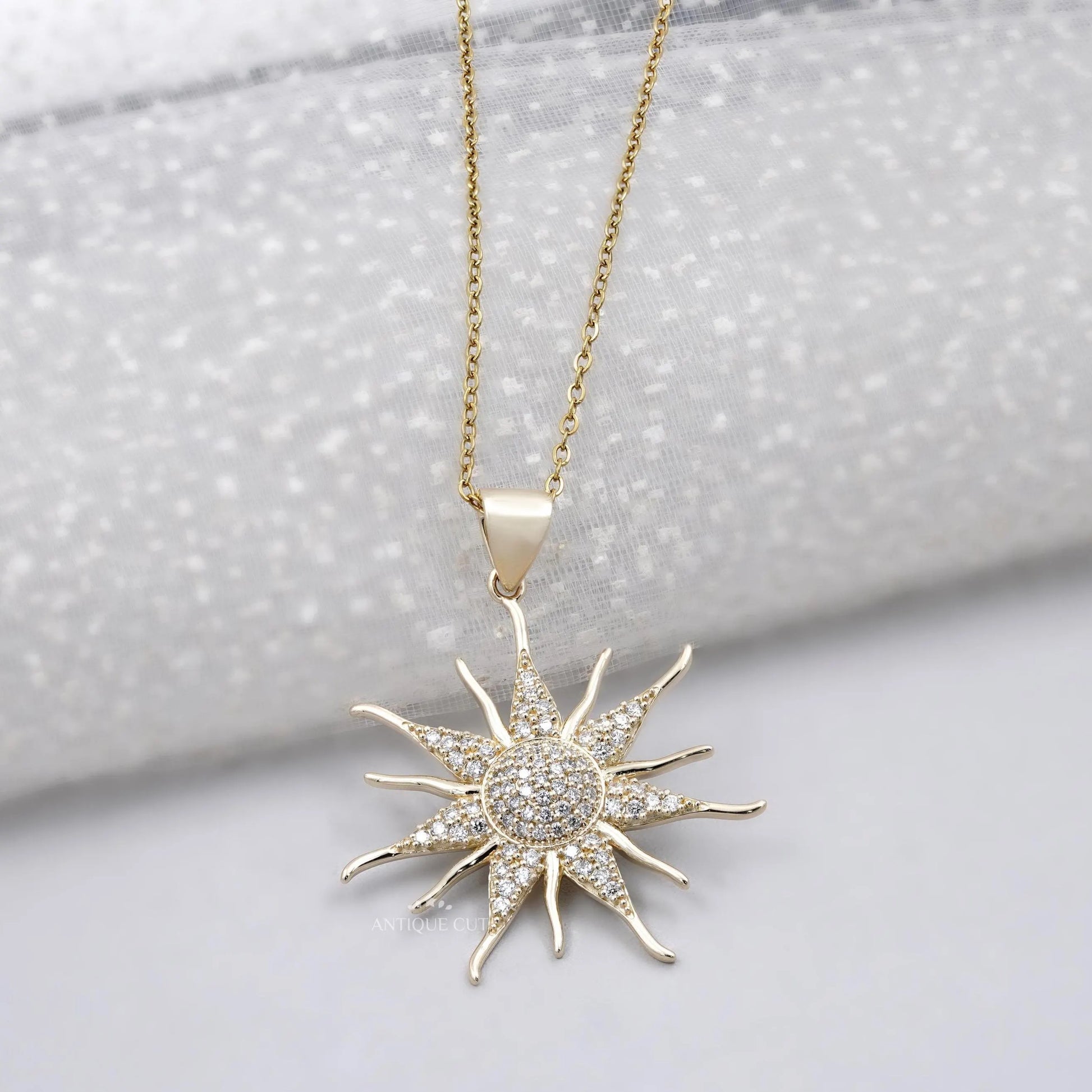 Round lab grown diamond sunburst pendant in yellow gold