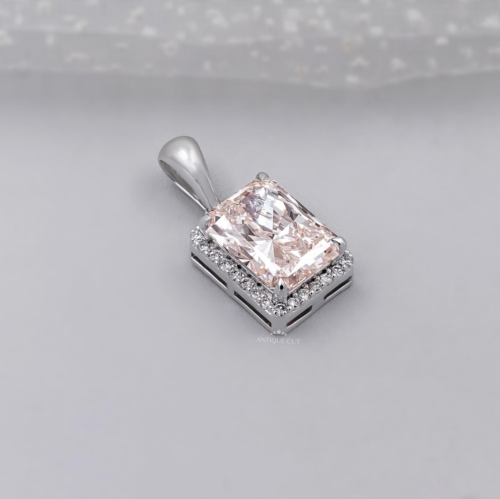 Lab grown pink diamond radiant halo pendant