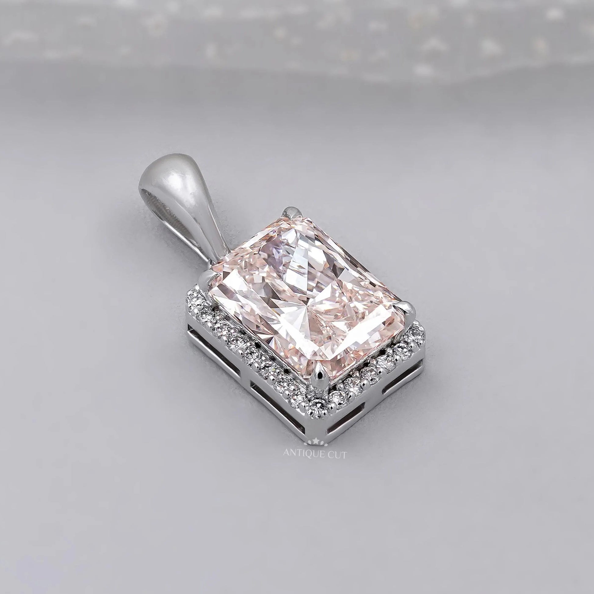 Radiant cut pink diamond halo pendant necklace