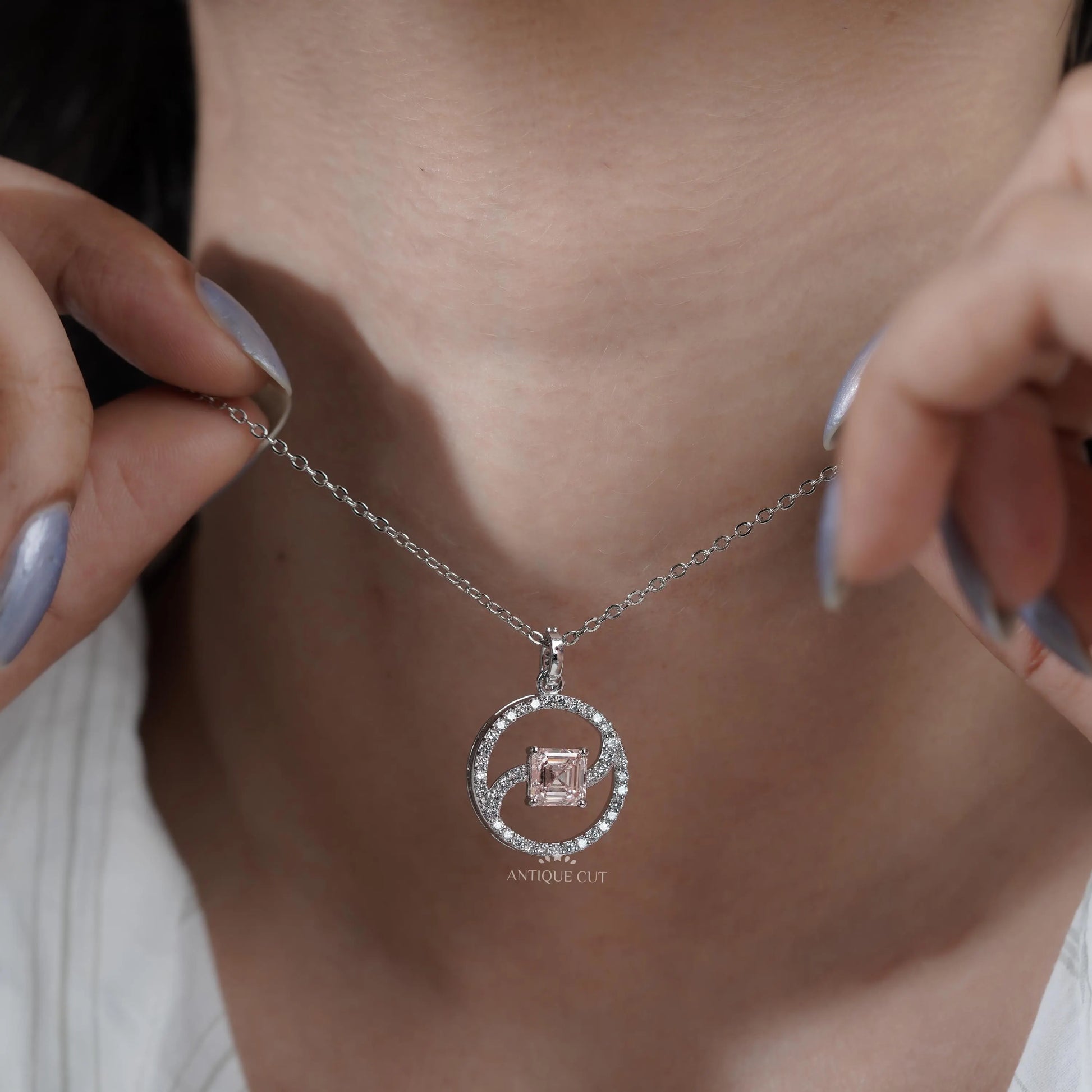 Modern Asscher swirl circle pendant white gold
