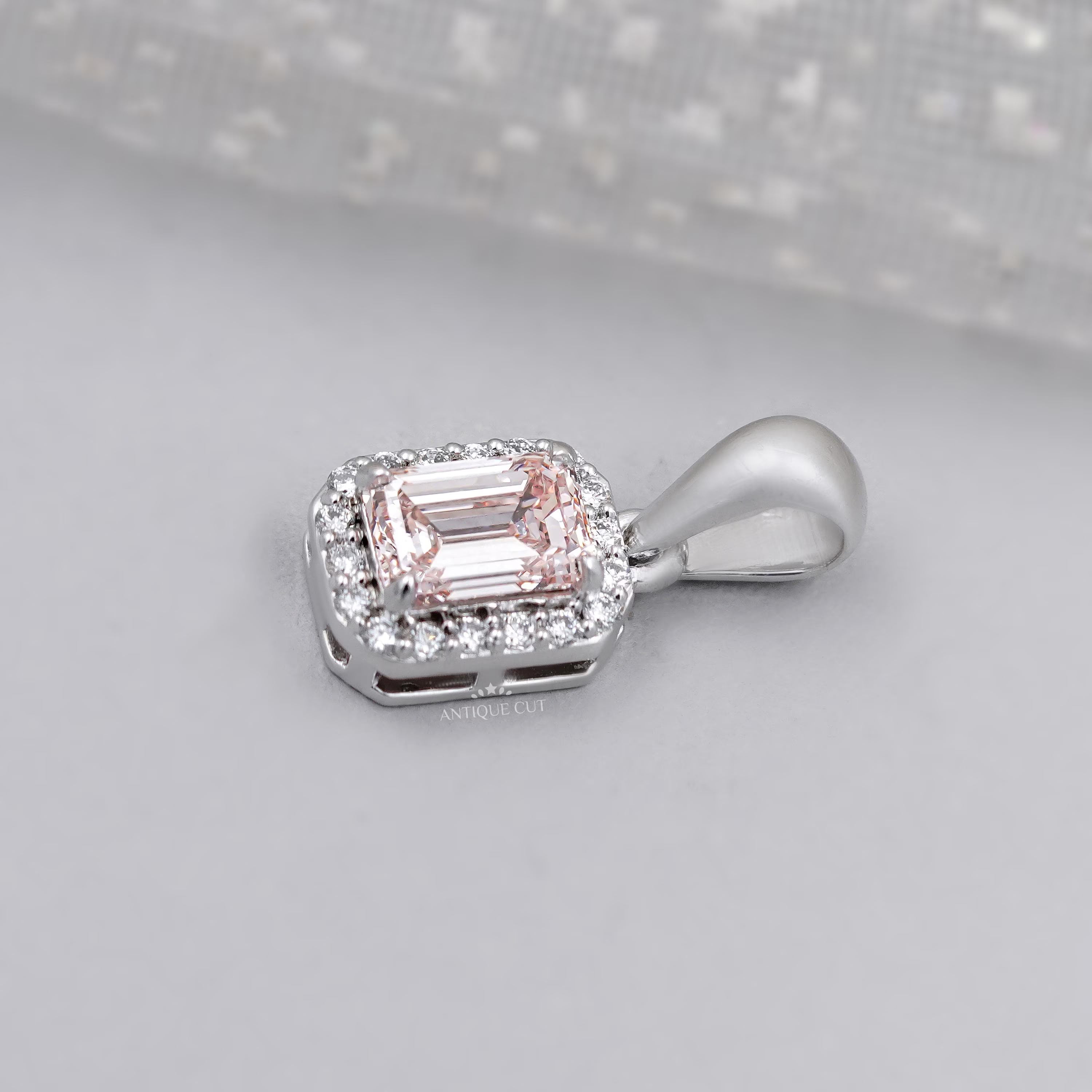 White gold emerald cut halo diamond necklace