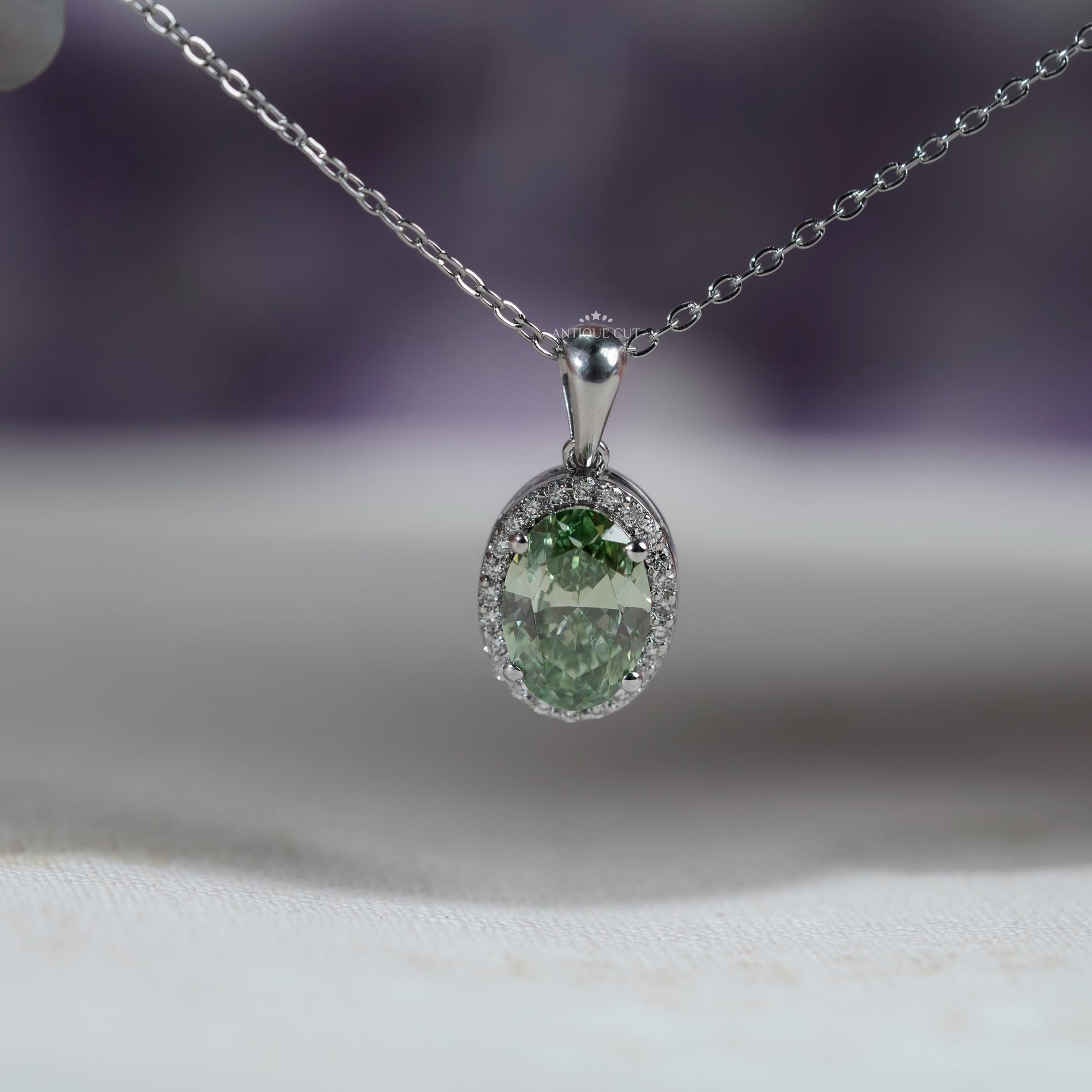 White gold lab grown green diamond necklace