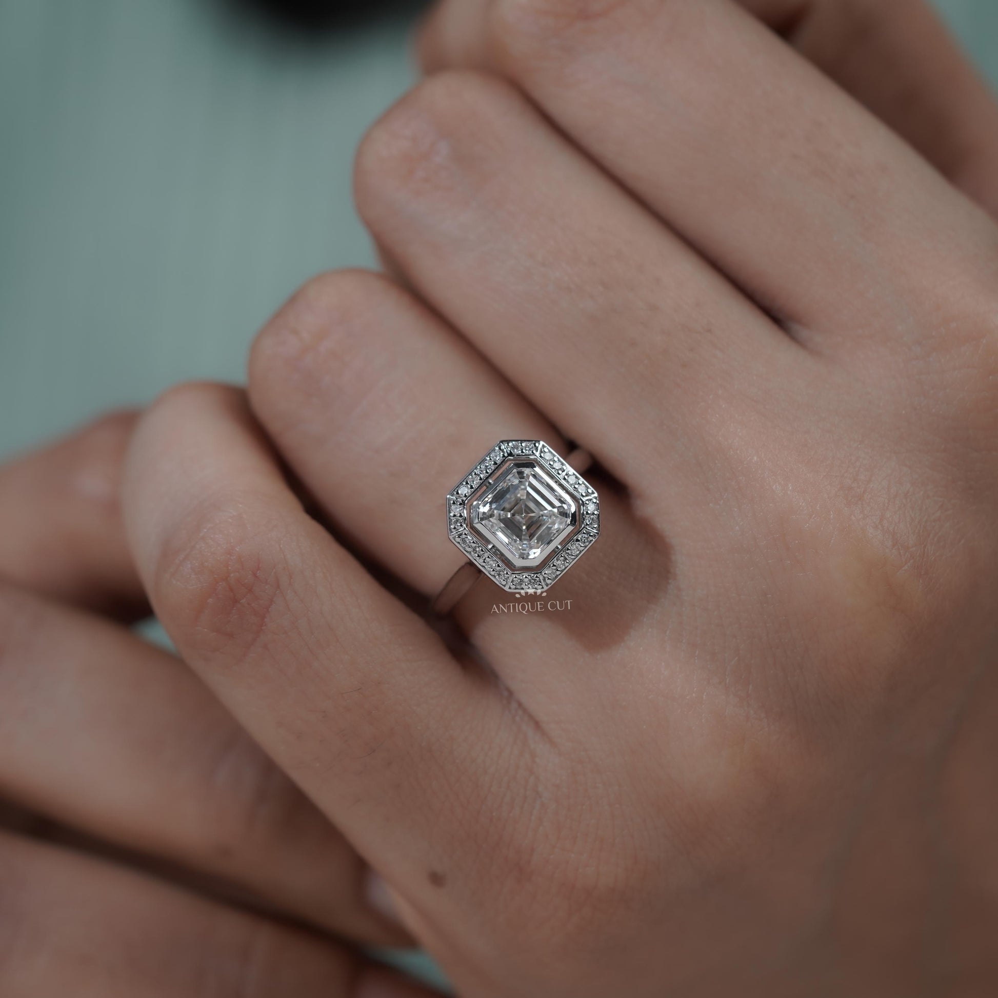 Premium Asscher cut diamond bridal ring in white gold