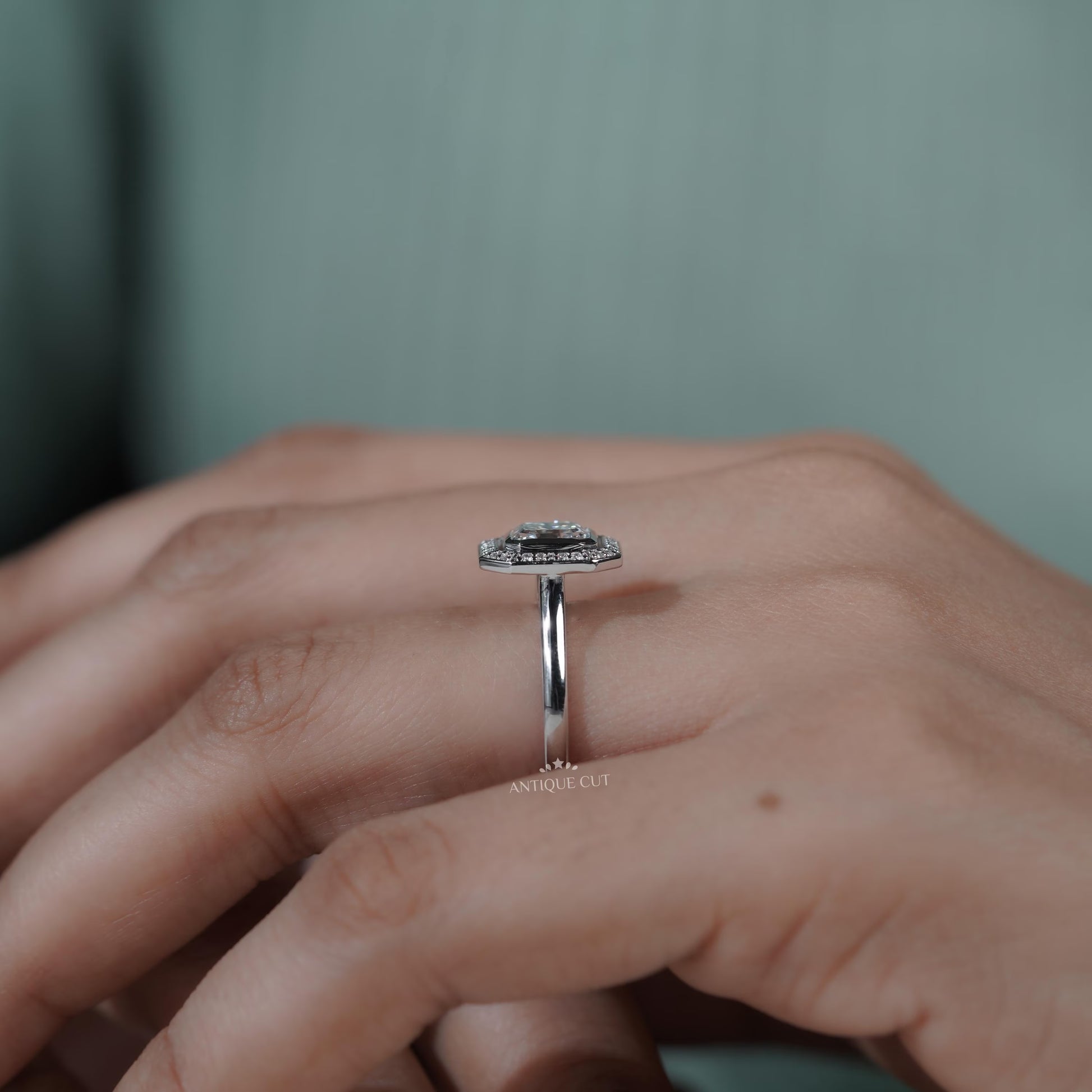 Vintage inspired Asscher cut diamond halo ring