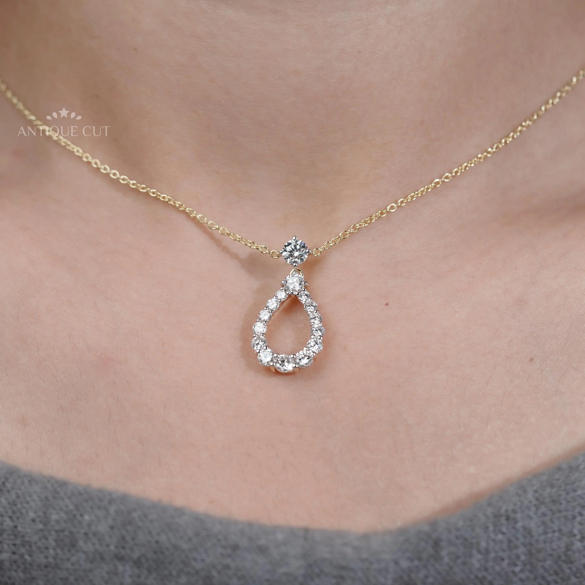 Yellow gold teardrop diamond pendant necklace