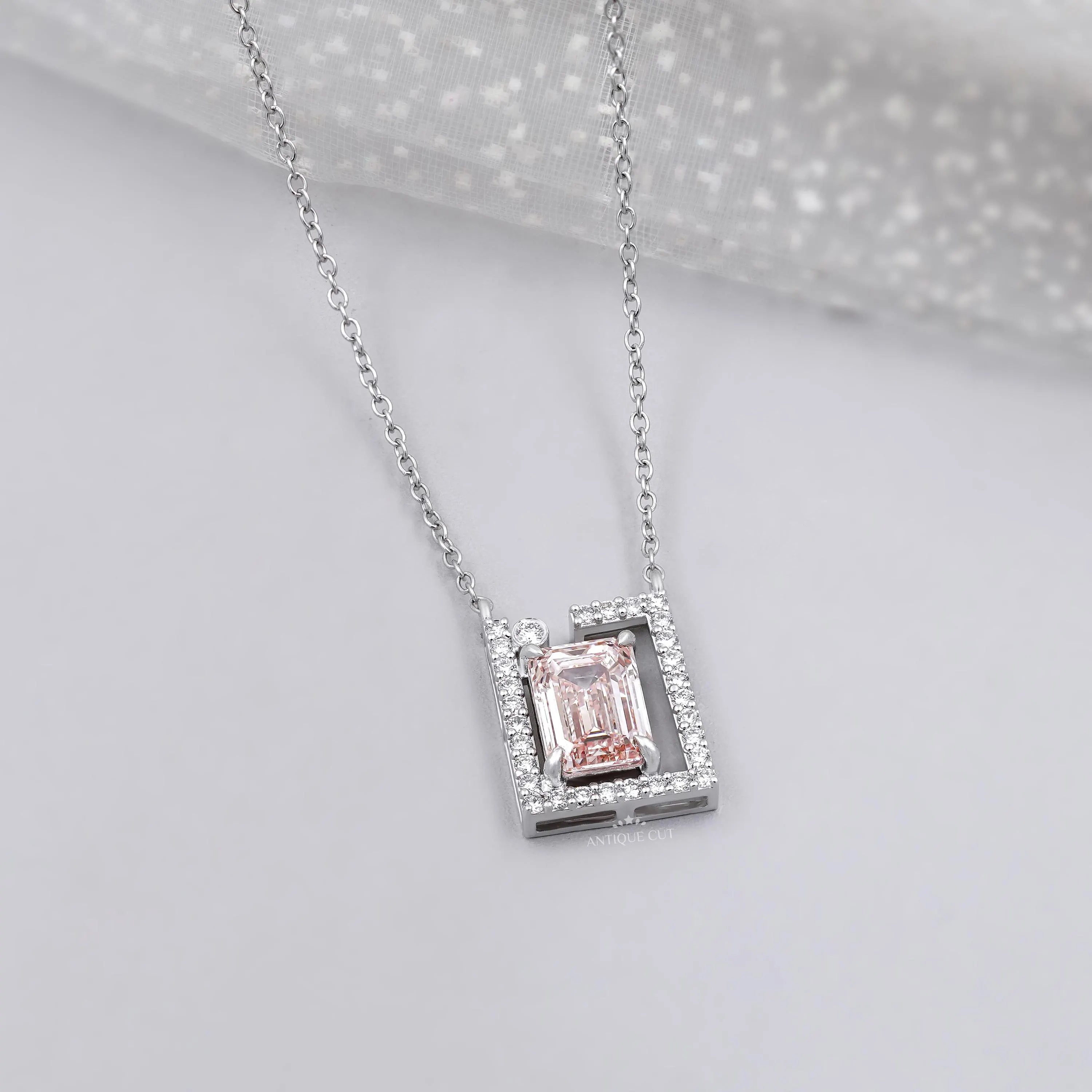Emerald modern frame diamond pendant in white gold