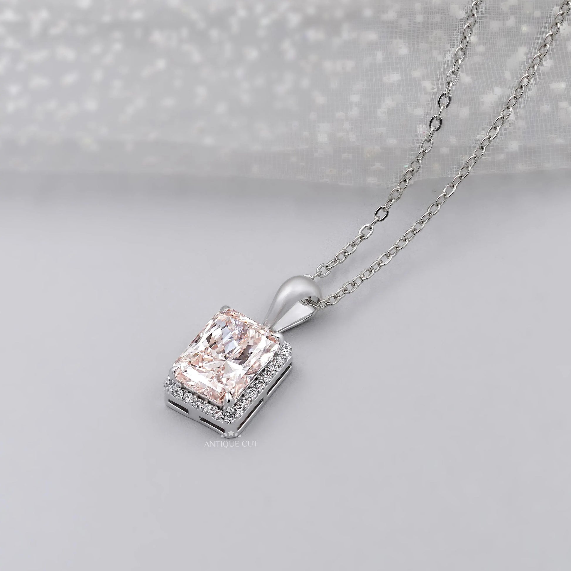 Pink Diamond Radiant Cut Halo Pendant | IGI Certified