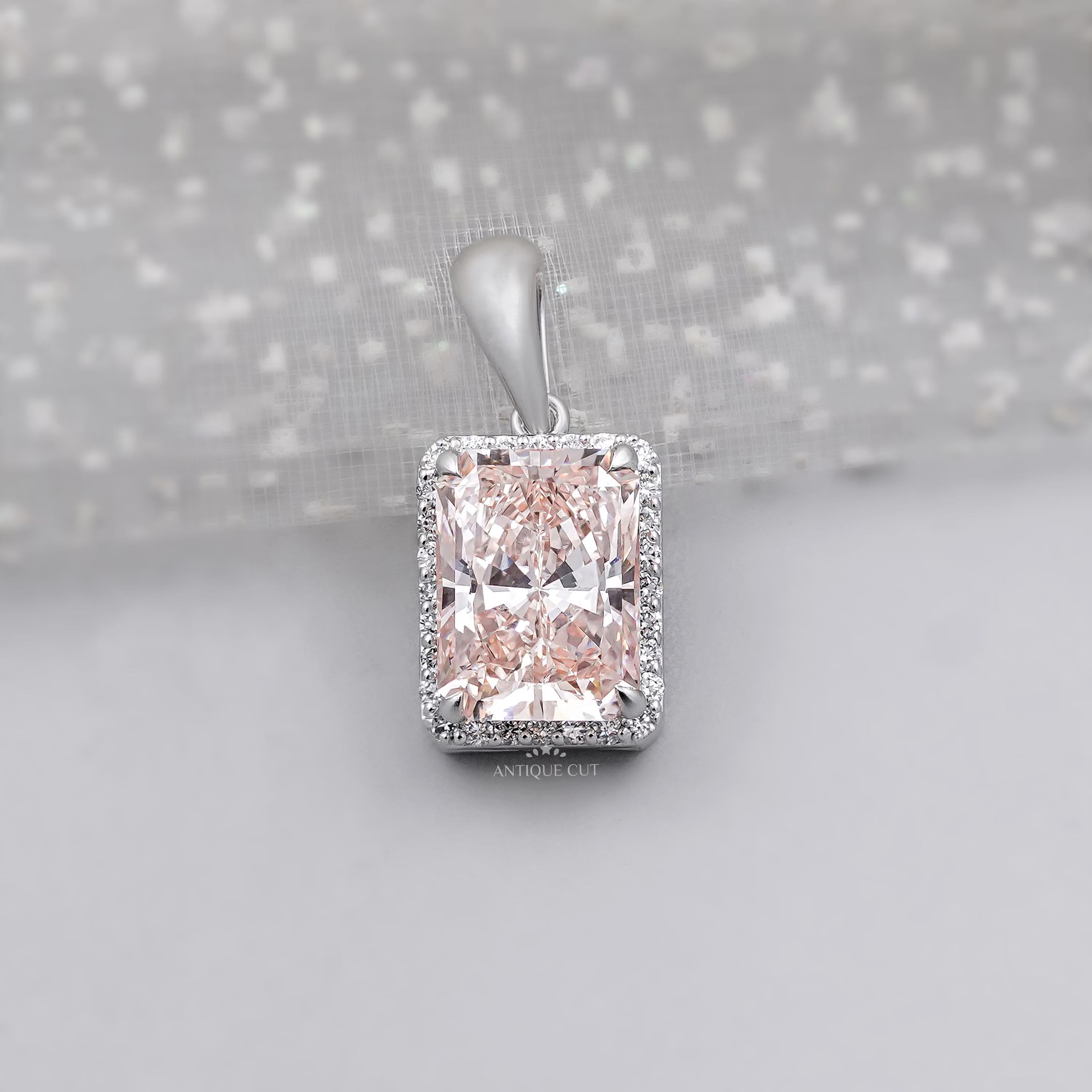 White gold radiant cut pink diamond halo pendant