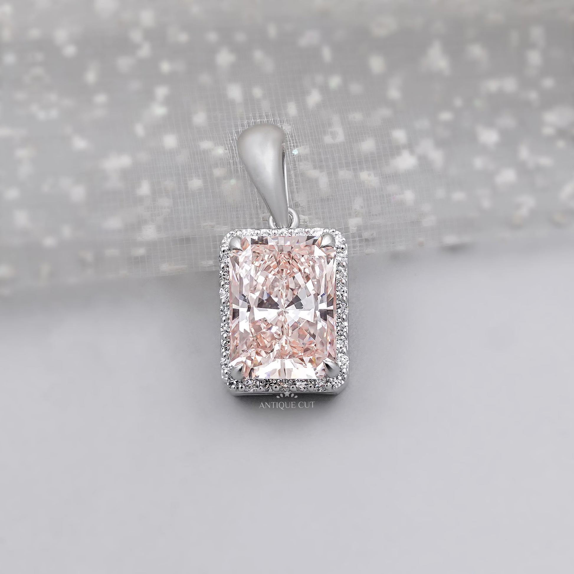 White gold radiant cut pink diamond halo pendant