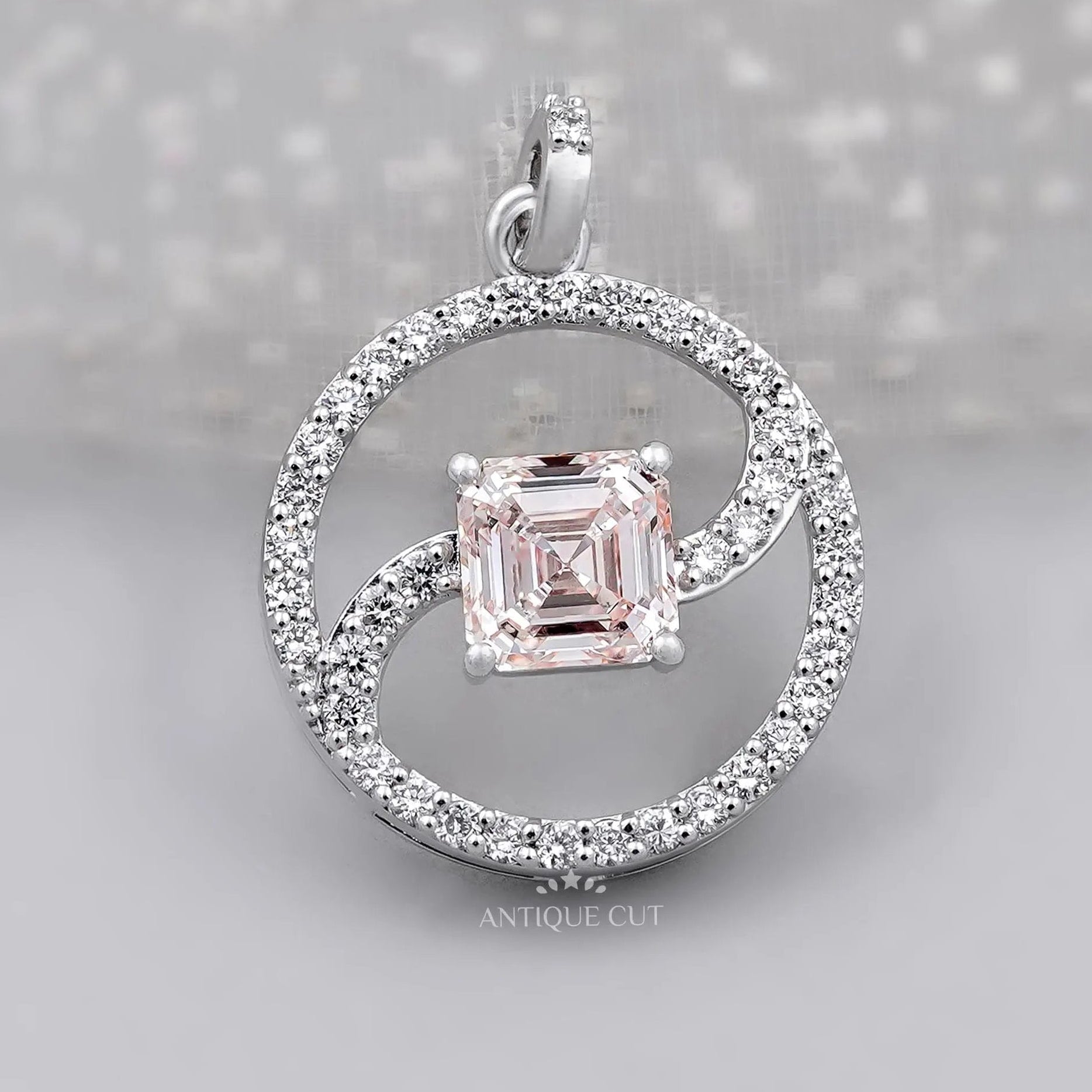 Elegant Asscher swirl circle diamond pendant in white gold