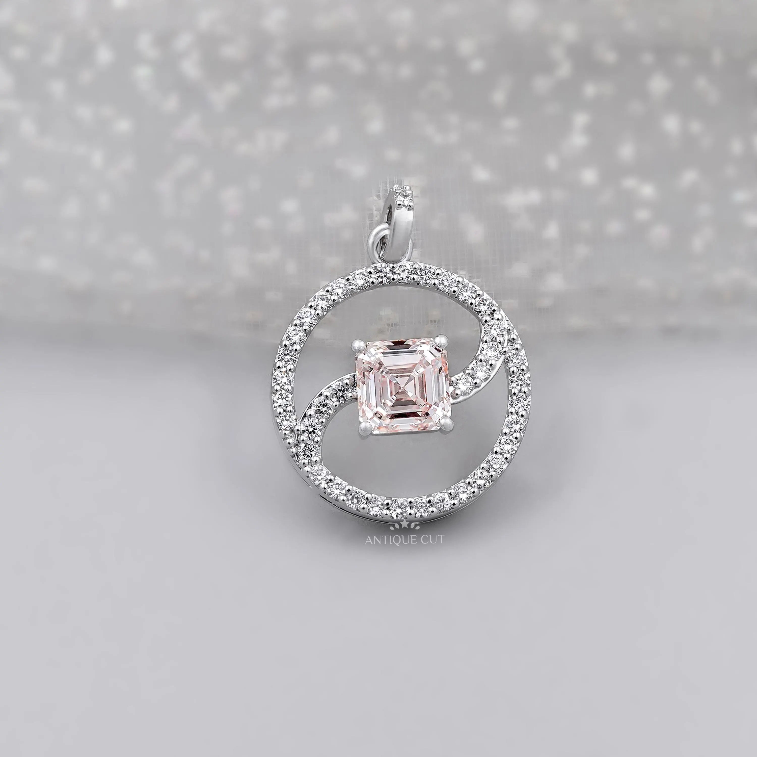 Elegant Asscher swirl circle diamond pendant in white gold