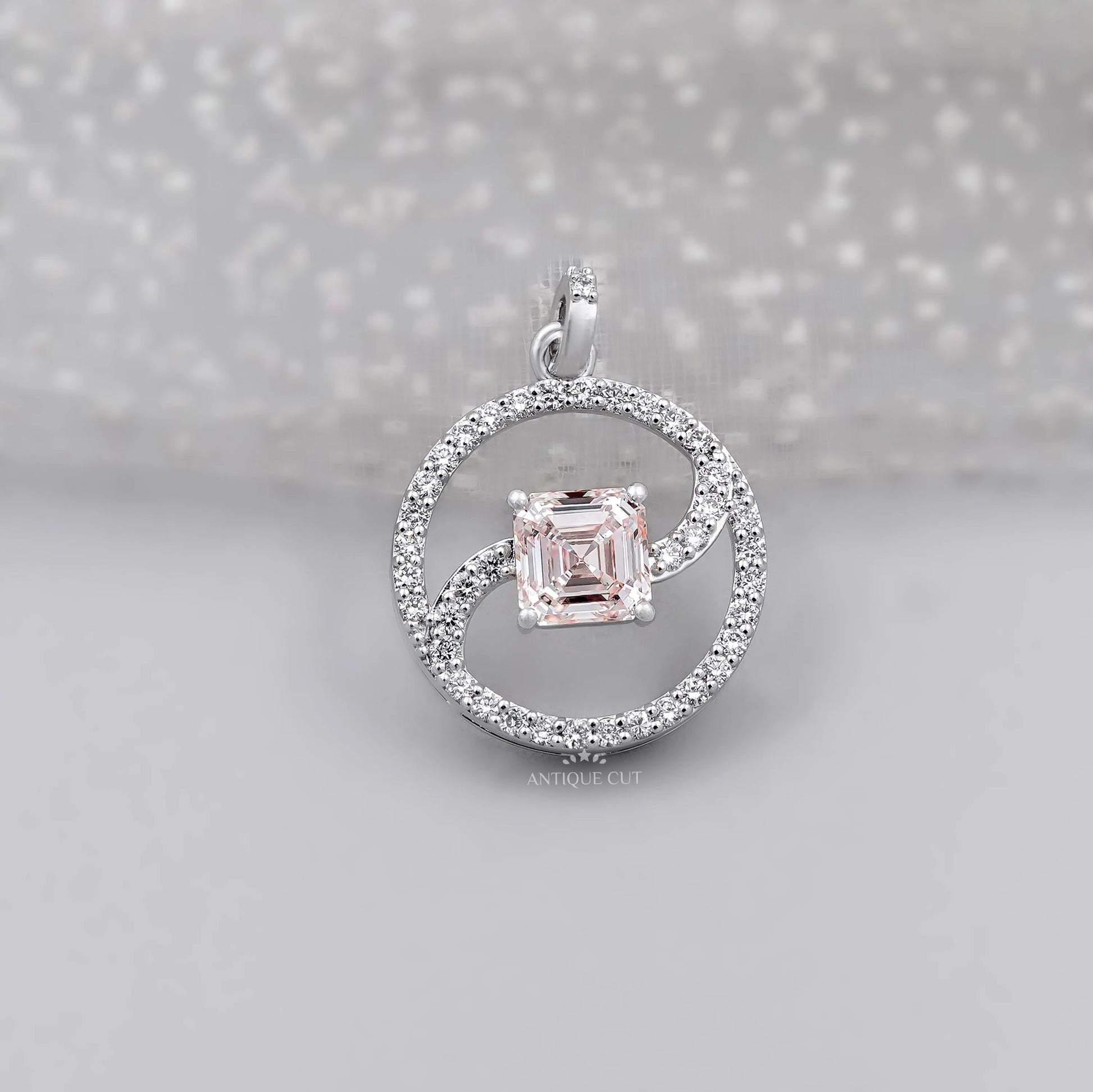 Elegant Asscher swirl circle diamond pendant in white gold