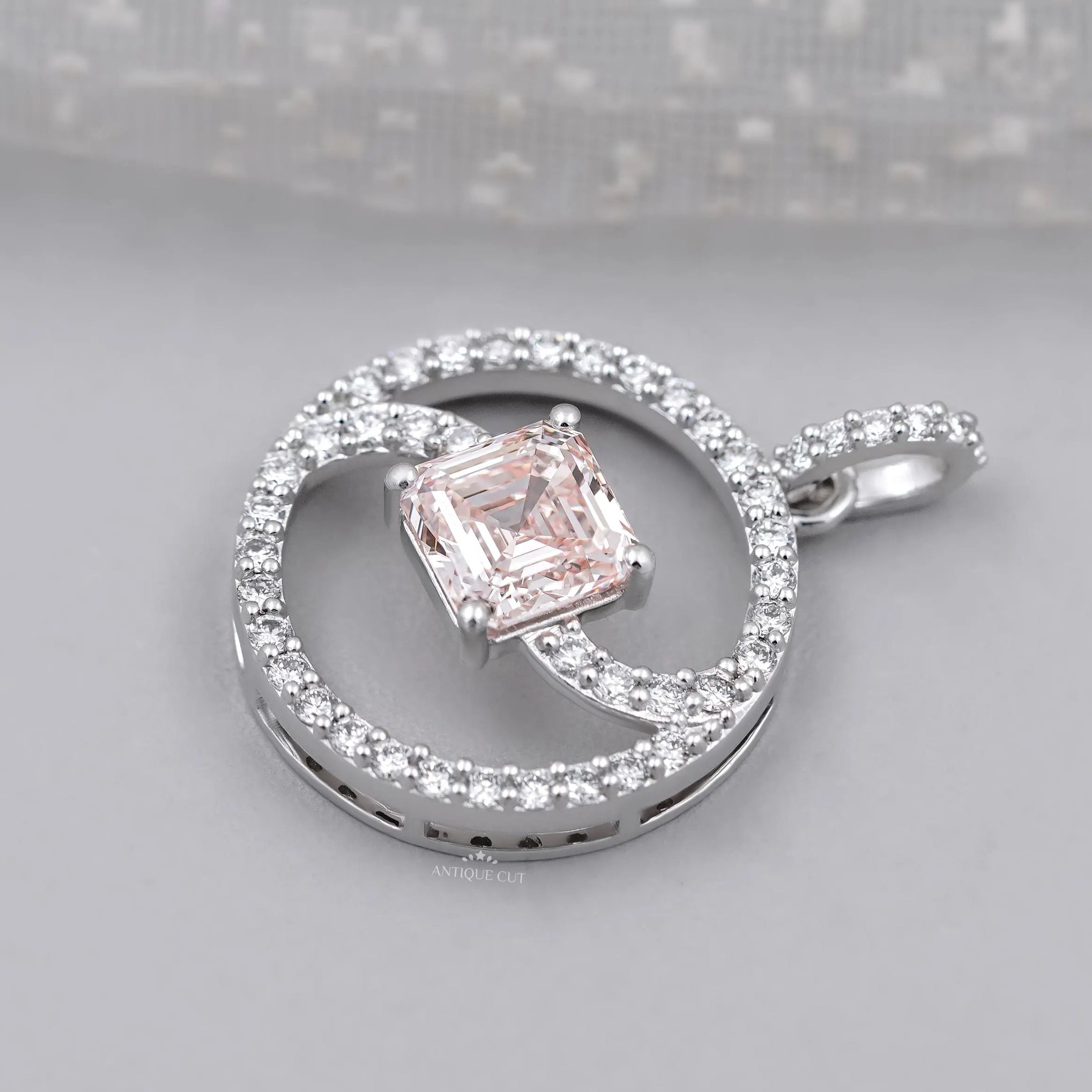White gold Asscher cut swirl circle pendant