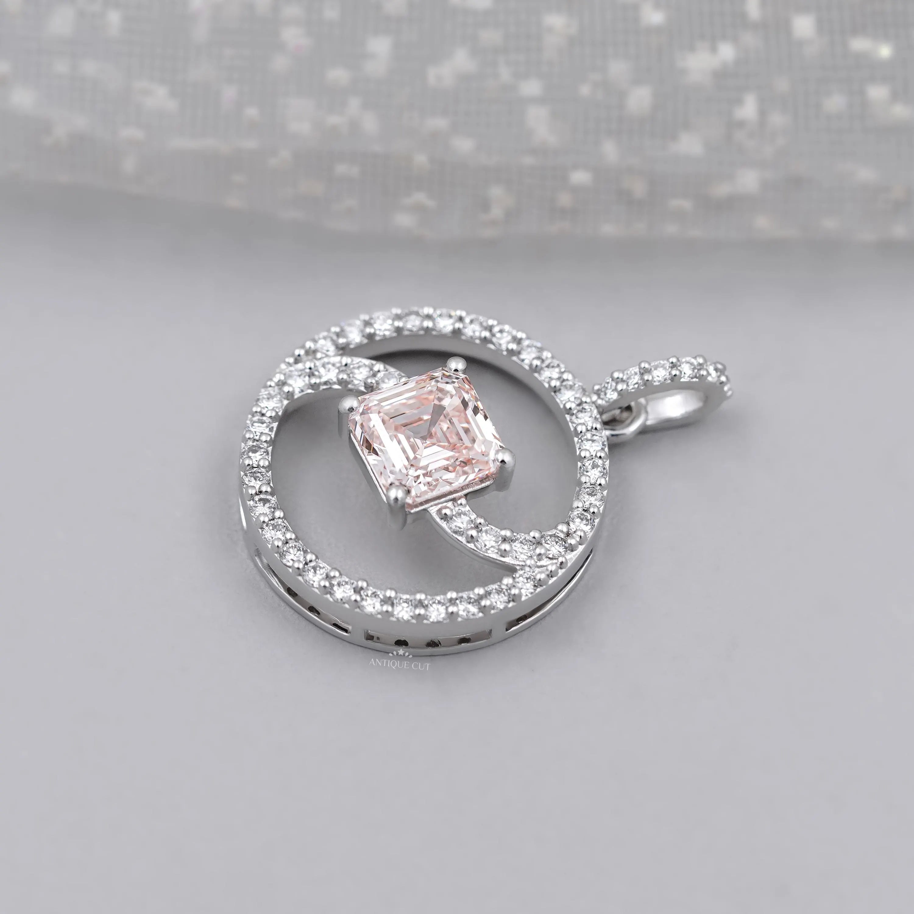 White gold Asscher cut swirl circle pendant