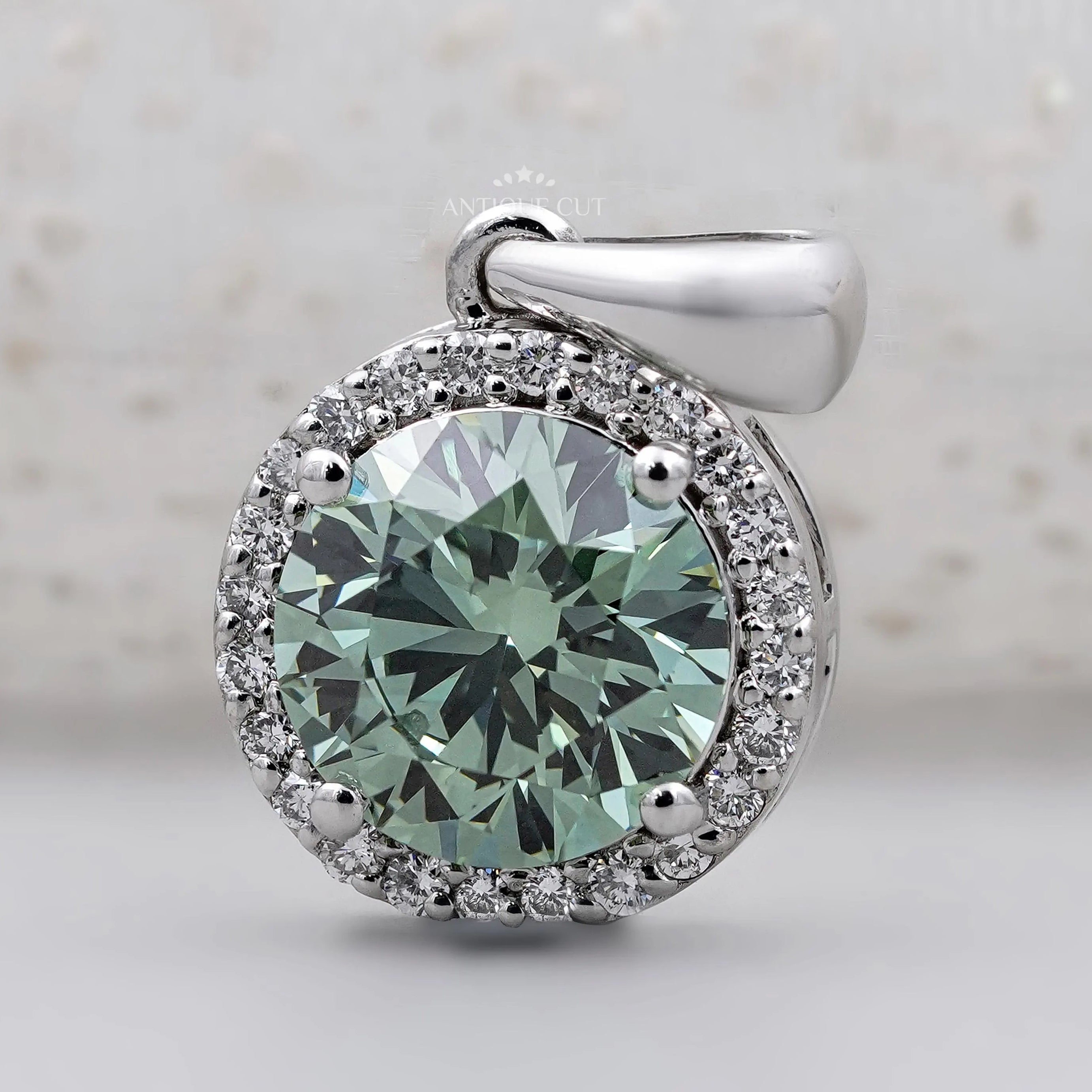 Classic Round Halo Green Diamond Pendant IGI Certified