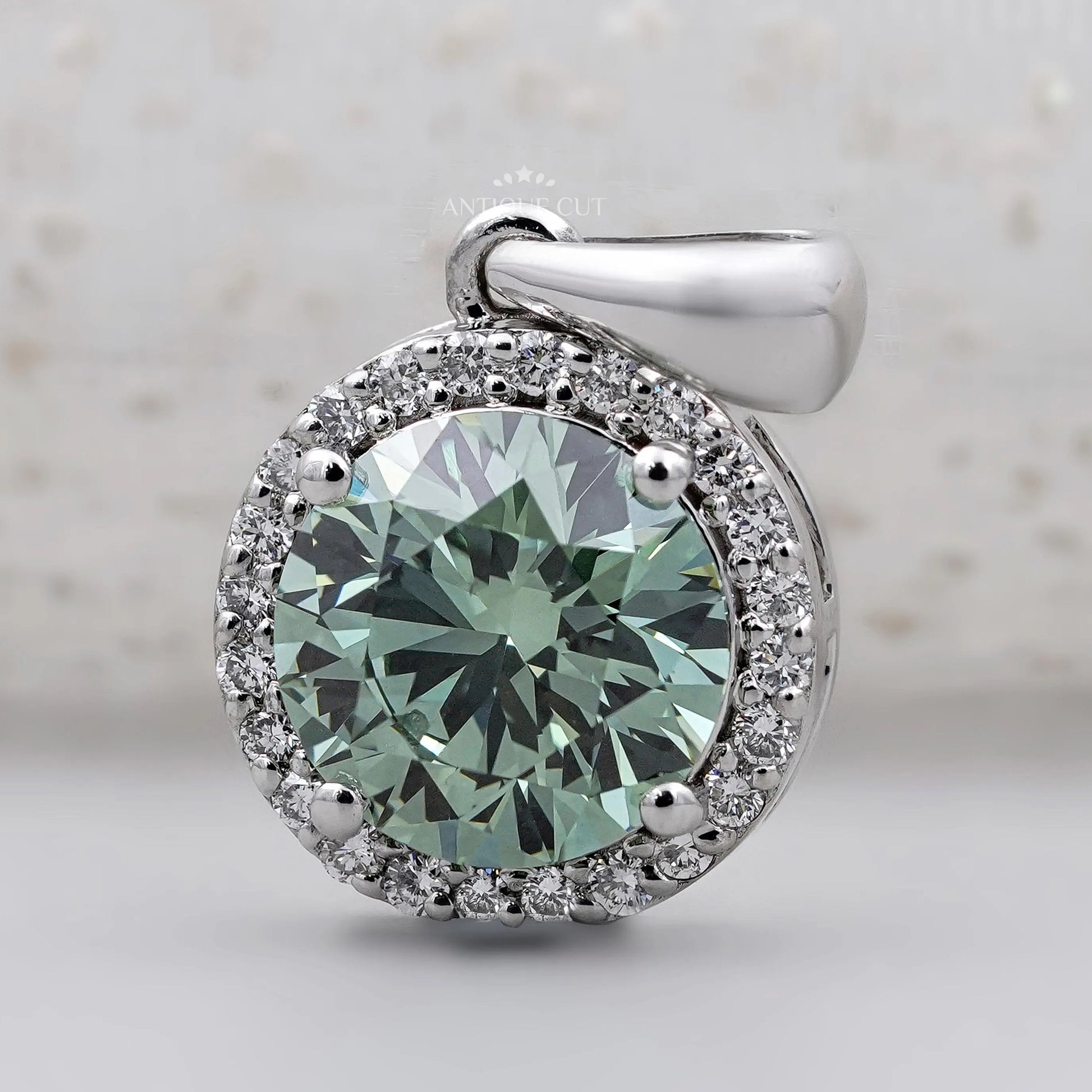 Classic Round Halo Green Diamond Pendant IGI Certified