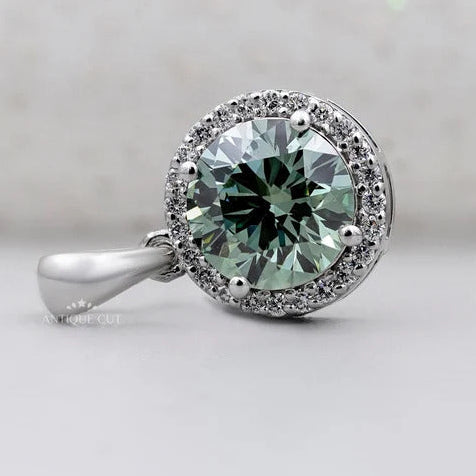 Round green diamond halo pendant necklace design