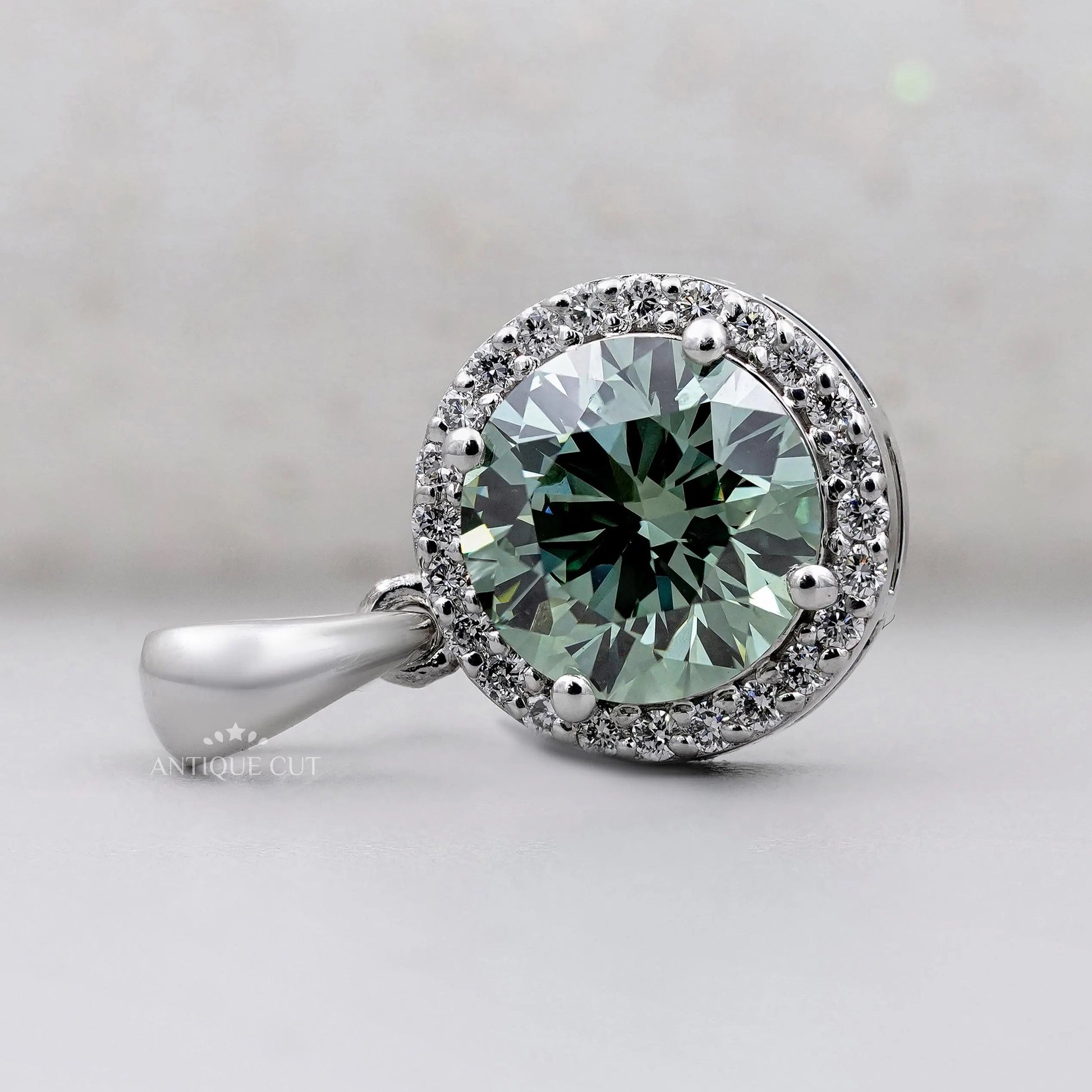Round green diamond halo pendant necklace design
