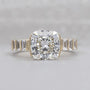 East West Cushion Cut Engagement Ring With Half Bezel Yellow Gold