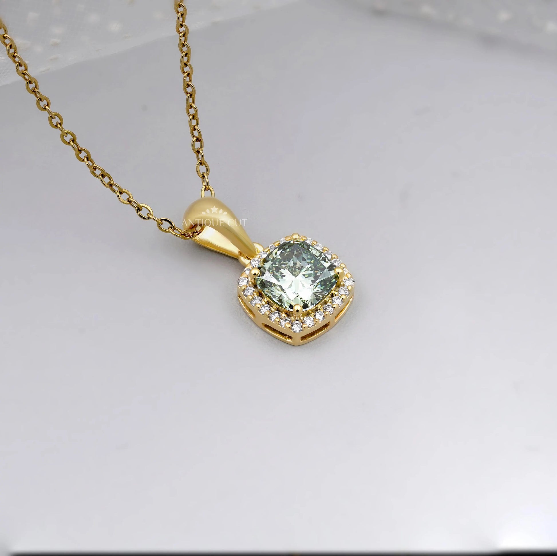 Elegant Cushion Cut Green Moissanite Halo Pendant | IGI Certified