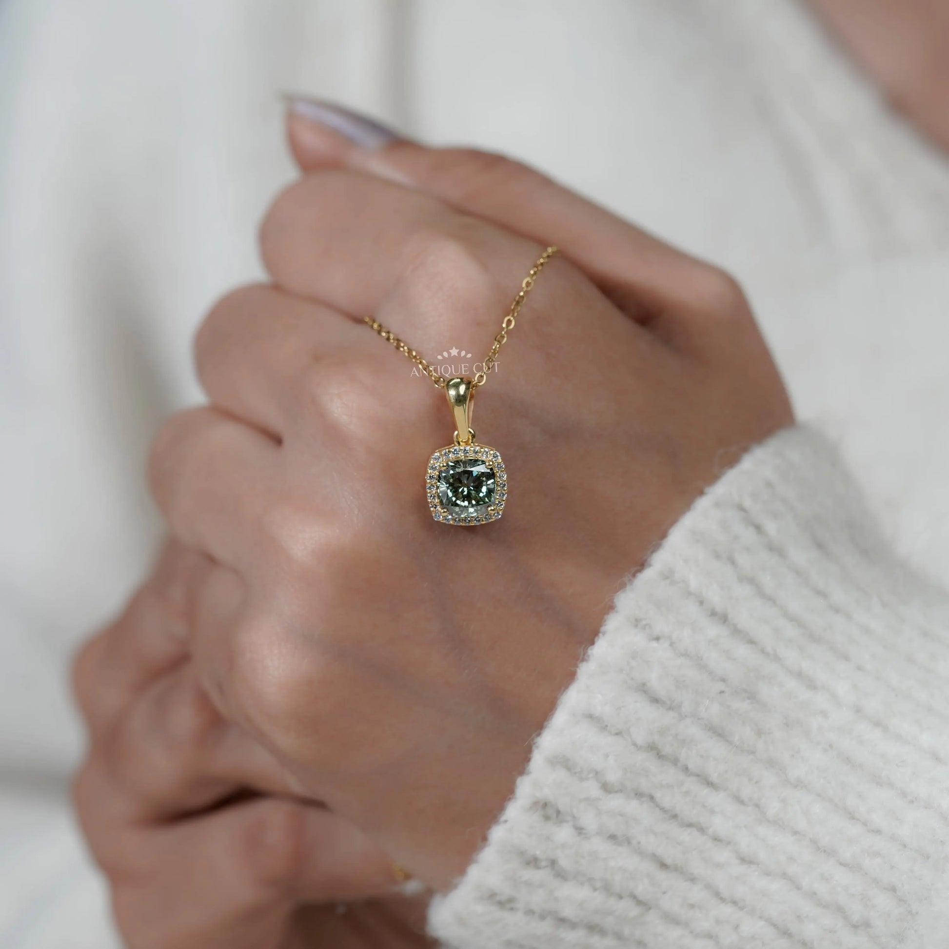 Elegant Cushion Cut Green Moissanite Halo Pendant | IGI Certified