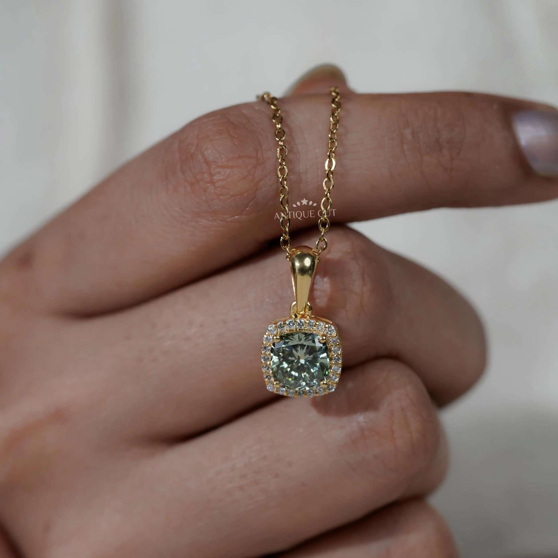 Elegant Cushion Cut Green Moissanite Halo Pendant | IGI Certified