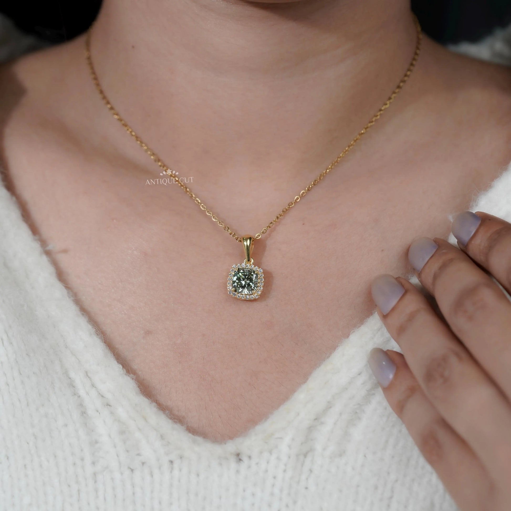 Elegant Cushion Cut Green Moissanite Halo Pendant | IGI Certified