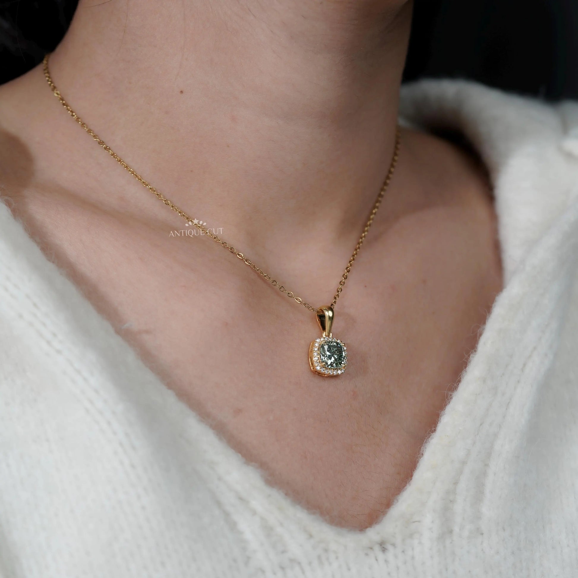 Elegant Cushion Cut Green Moissanite Halo Pendant | IGI Certified