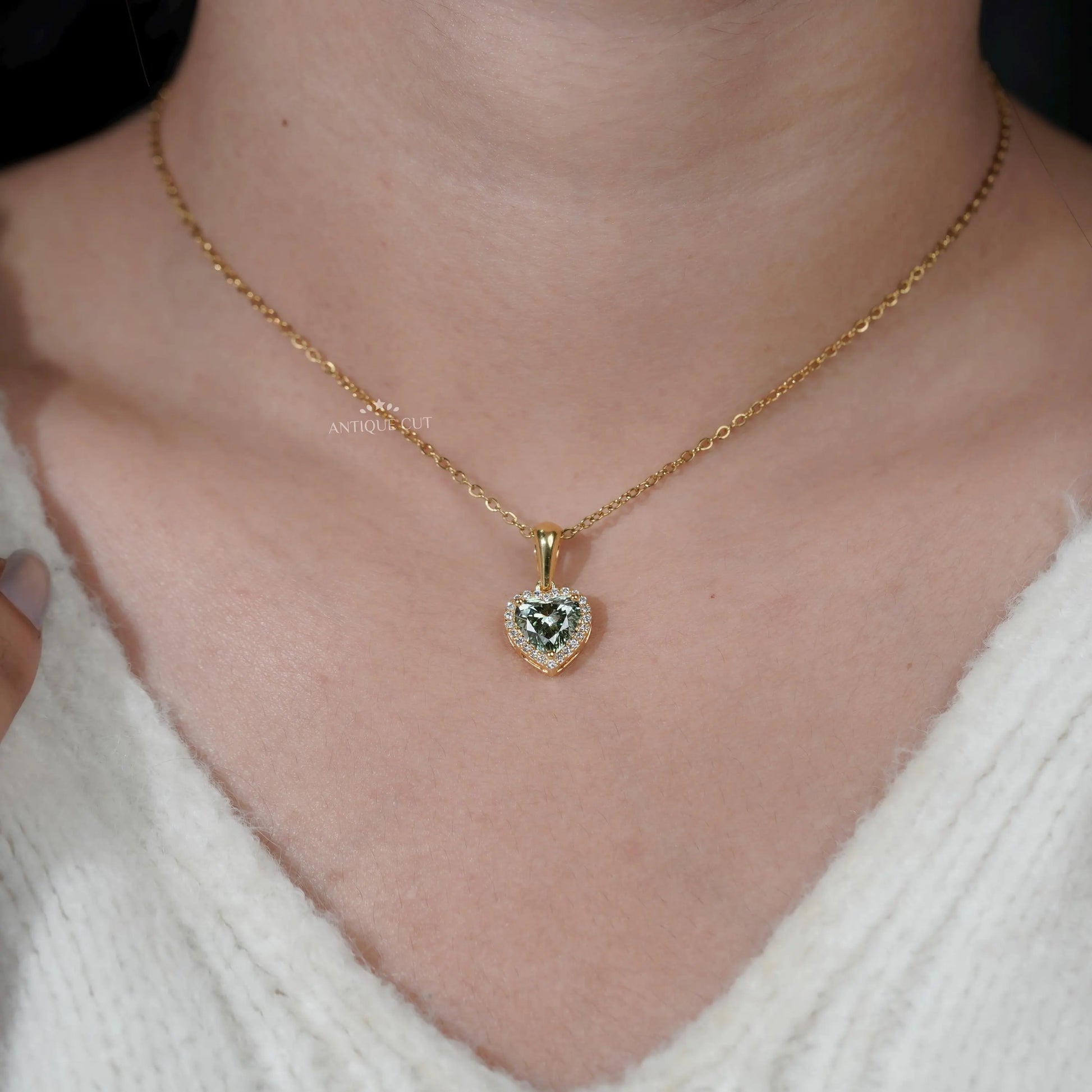 Elegant Green Heart Diamond Halo Pendant | IGI Certified