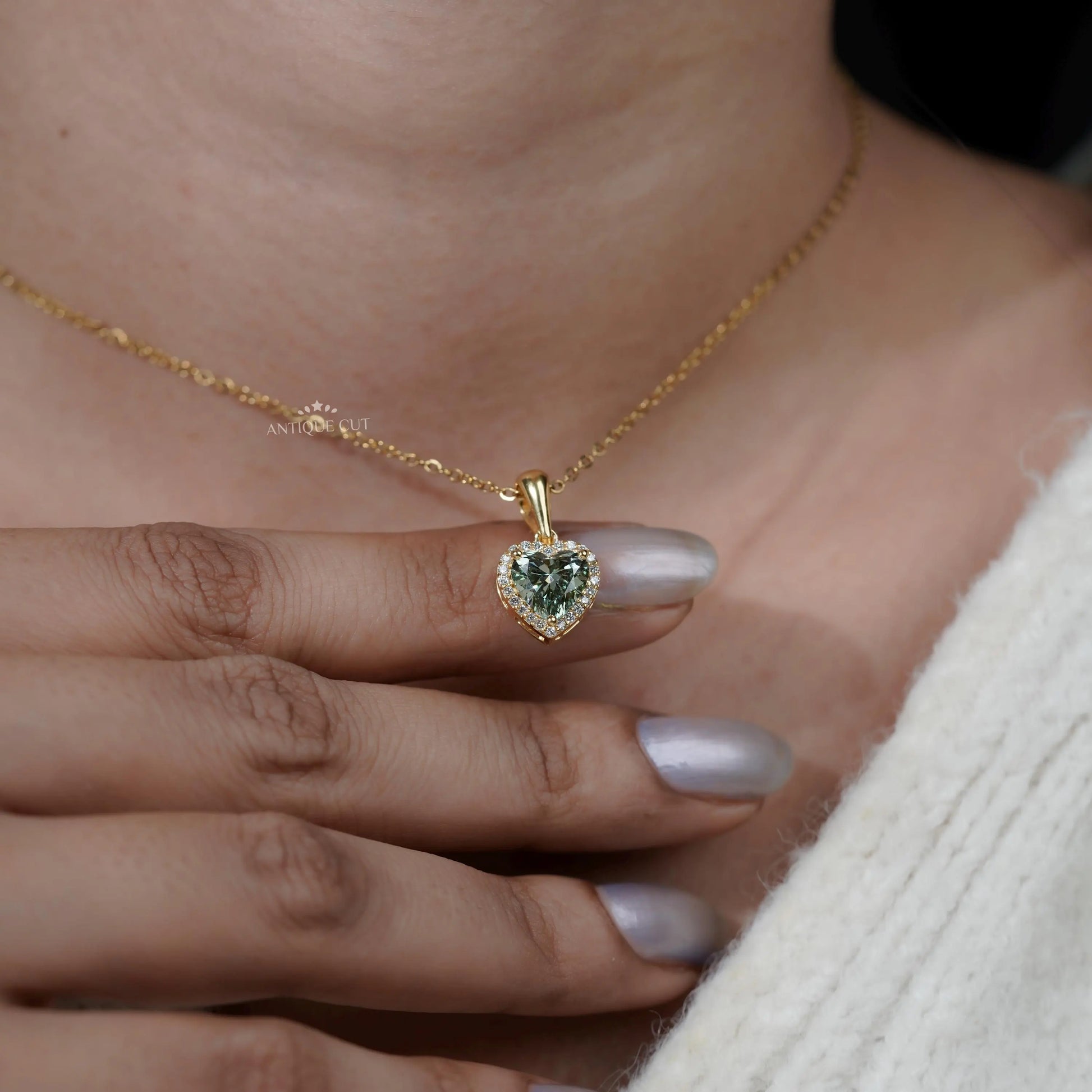 Elegant Green Heart Diamond Halo Pendant | IGI Certified