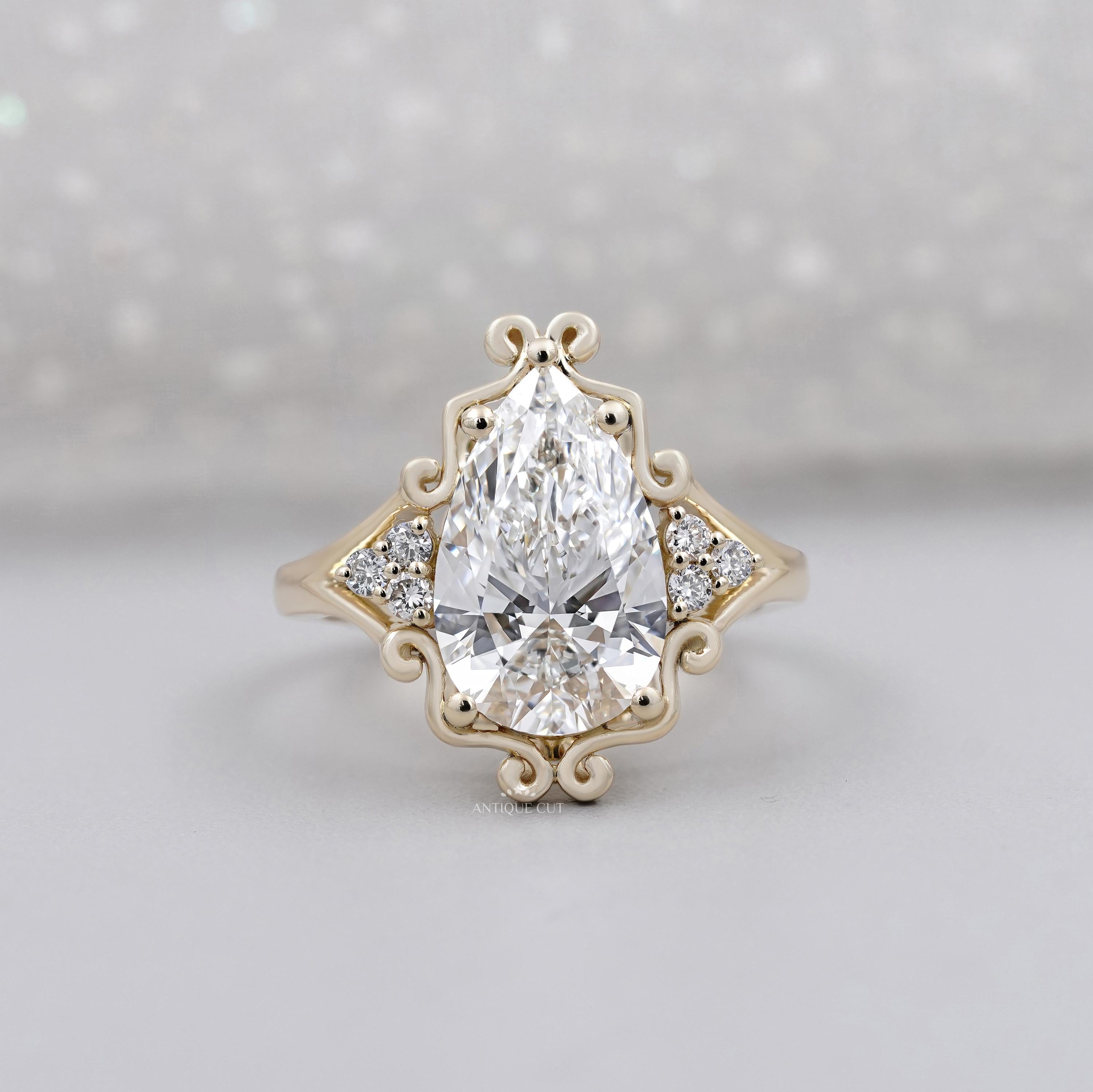 Vintage Pear Cut Diamond with Unique Engagement Ring in Yellow Gold