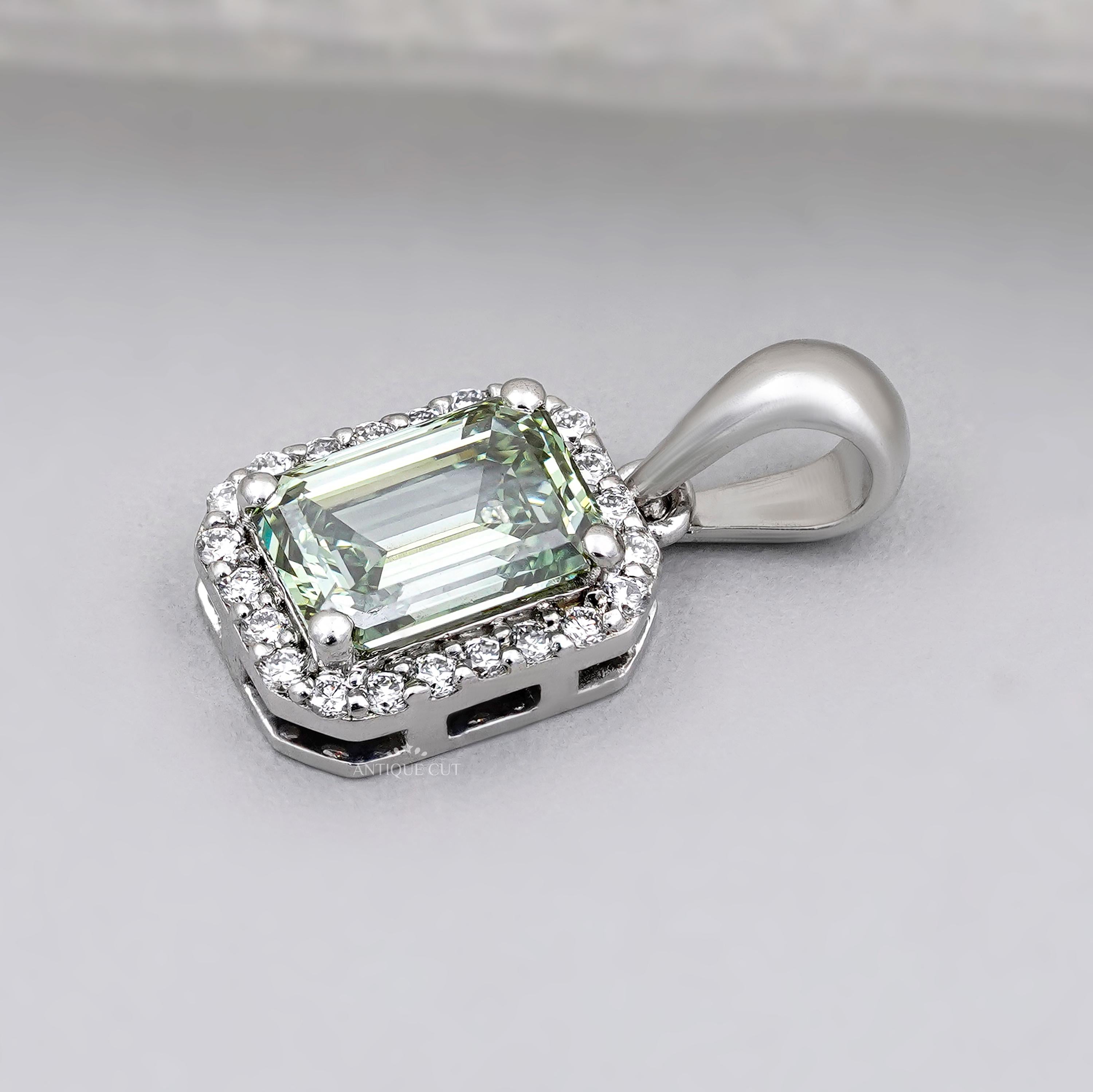 Emerald-cut diamond halo necklace