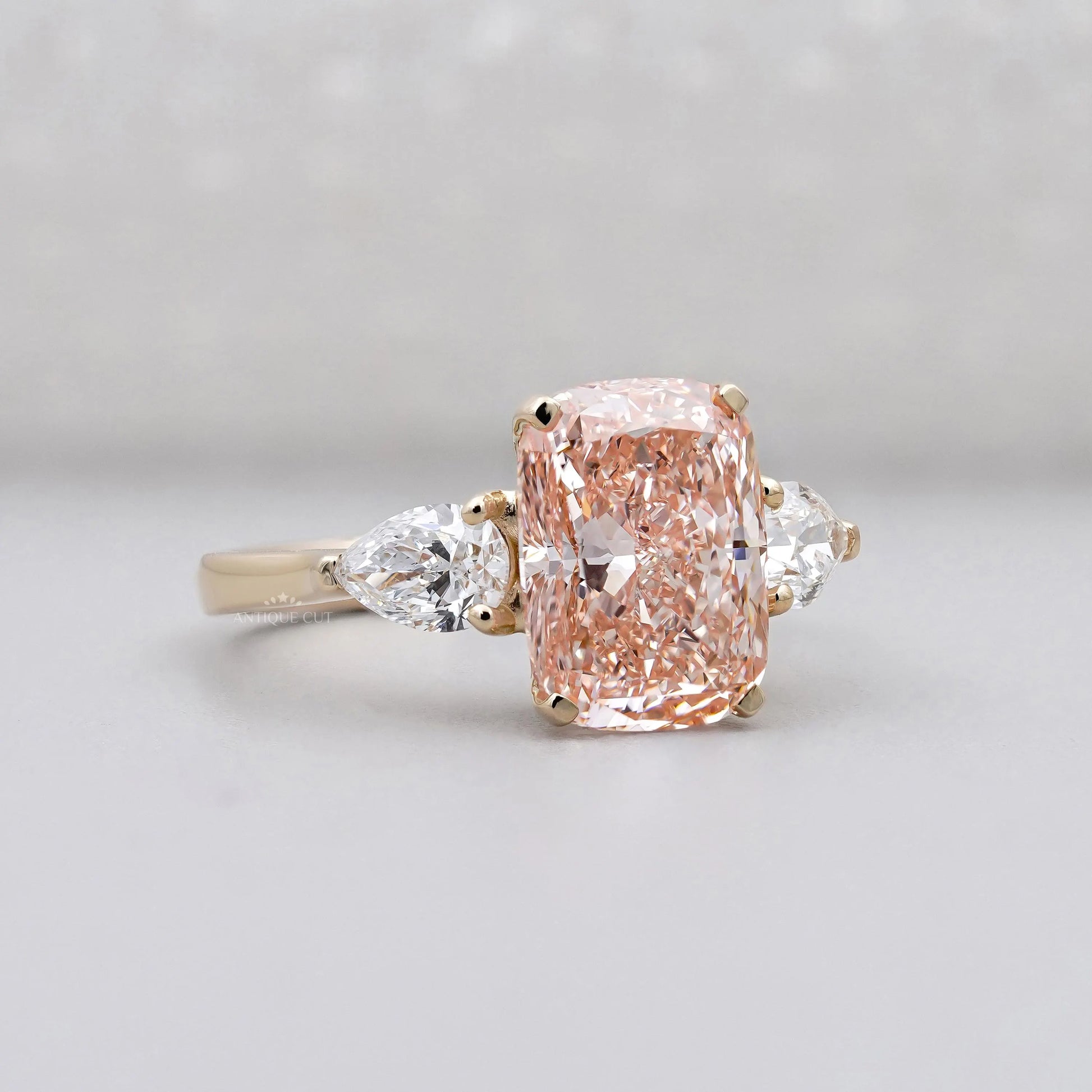 Cushion Fancy Pink Diamond Ring With three-stone | IGI Certified