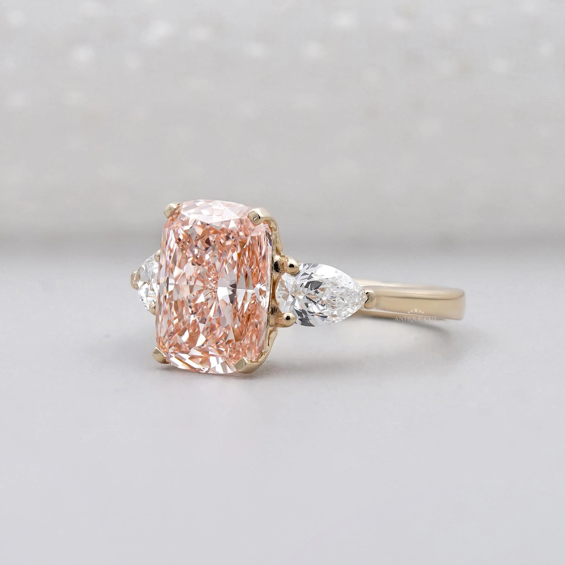 Cushion Fancy Pink Diamond Ring With three-stone | IGI Certified