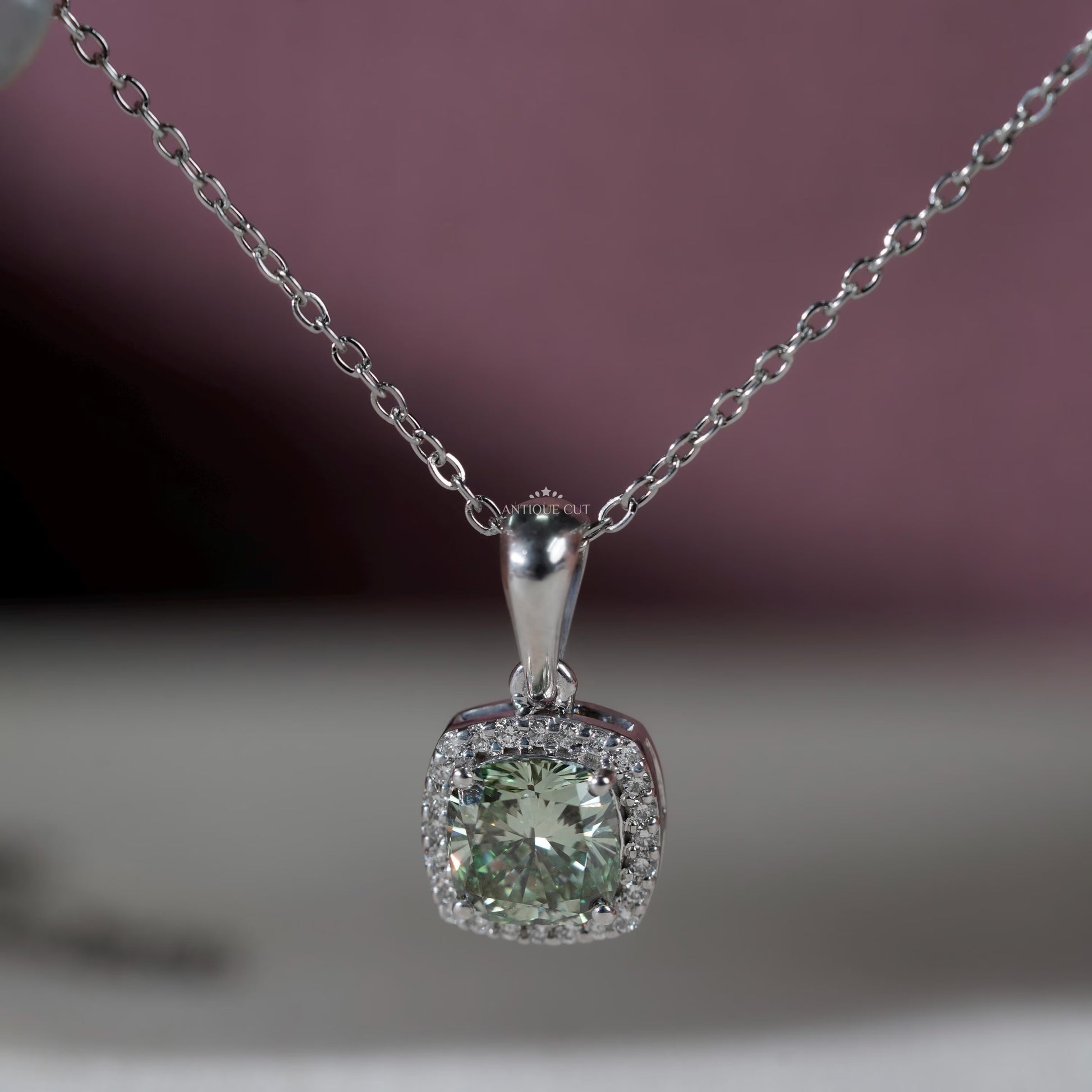 Antiquecut cushion cut green moissanite pendant