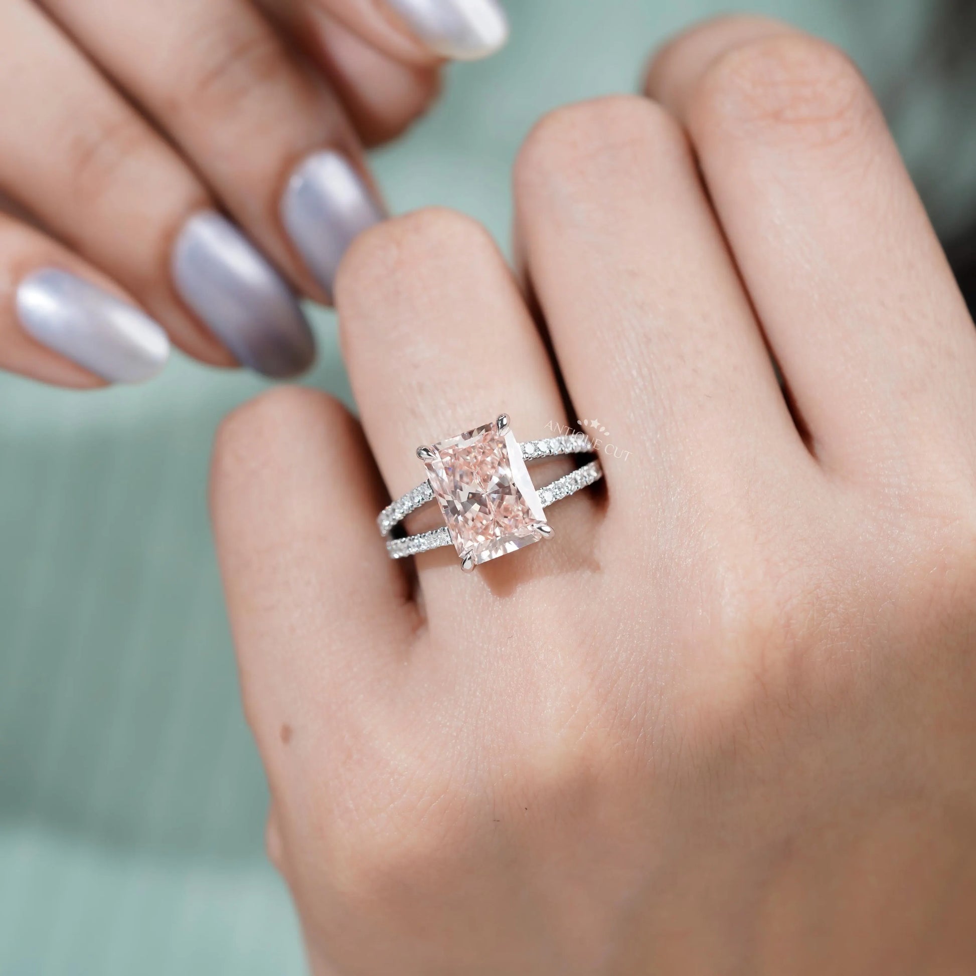 Luxury radiant pink diamond engagement ring in white gold