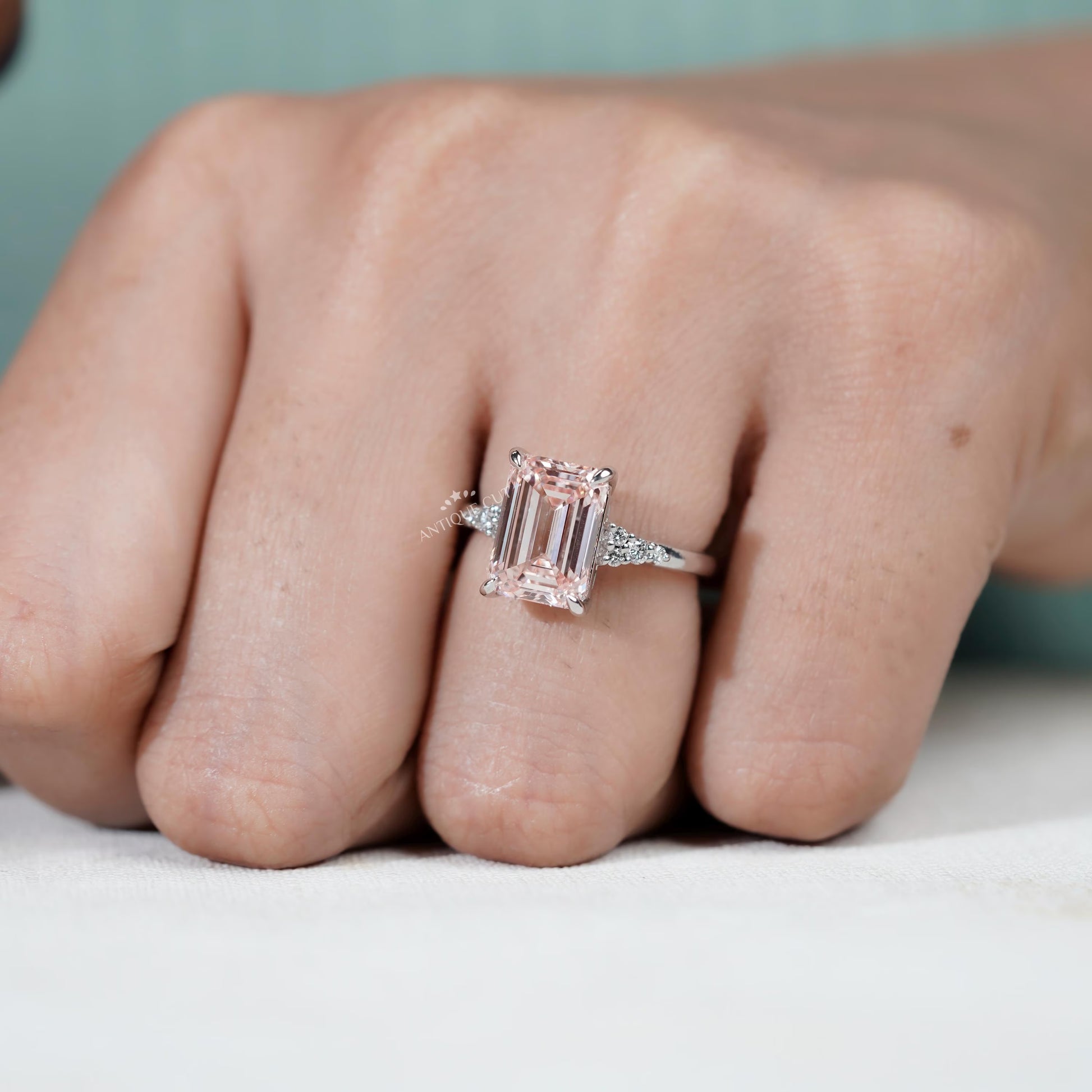 Antiquecut emerald cut pink diamond ring