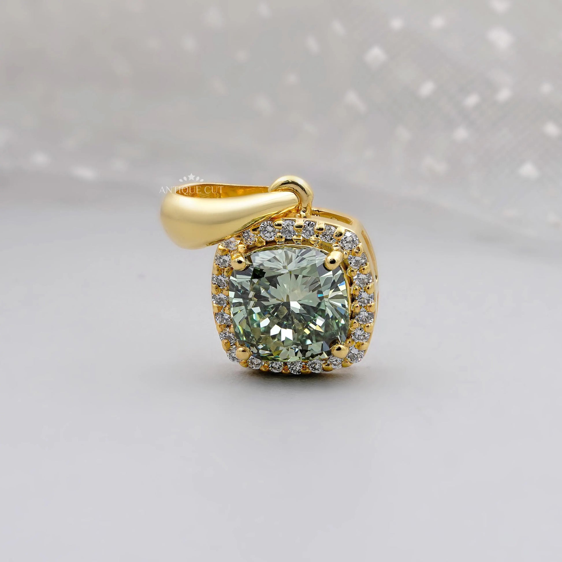 Elegant Cushion Cut Green Moissanite Halo Pendant | IGI Certified