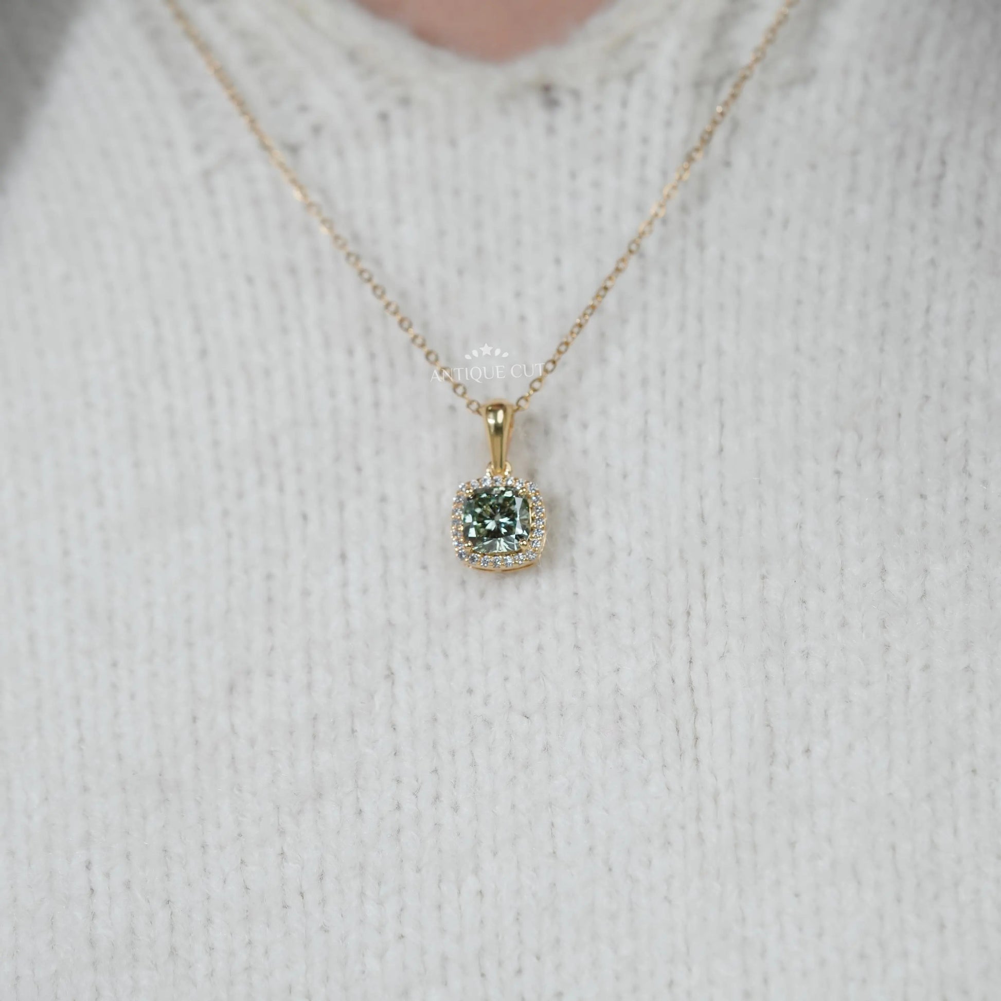 Elegant Cushion Cut Green Moissanite Halo Pendant | IGI Certified