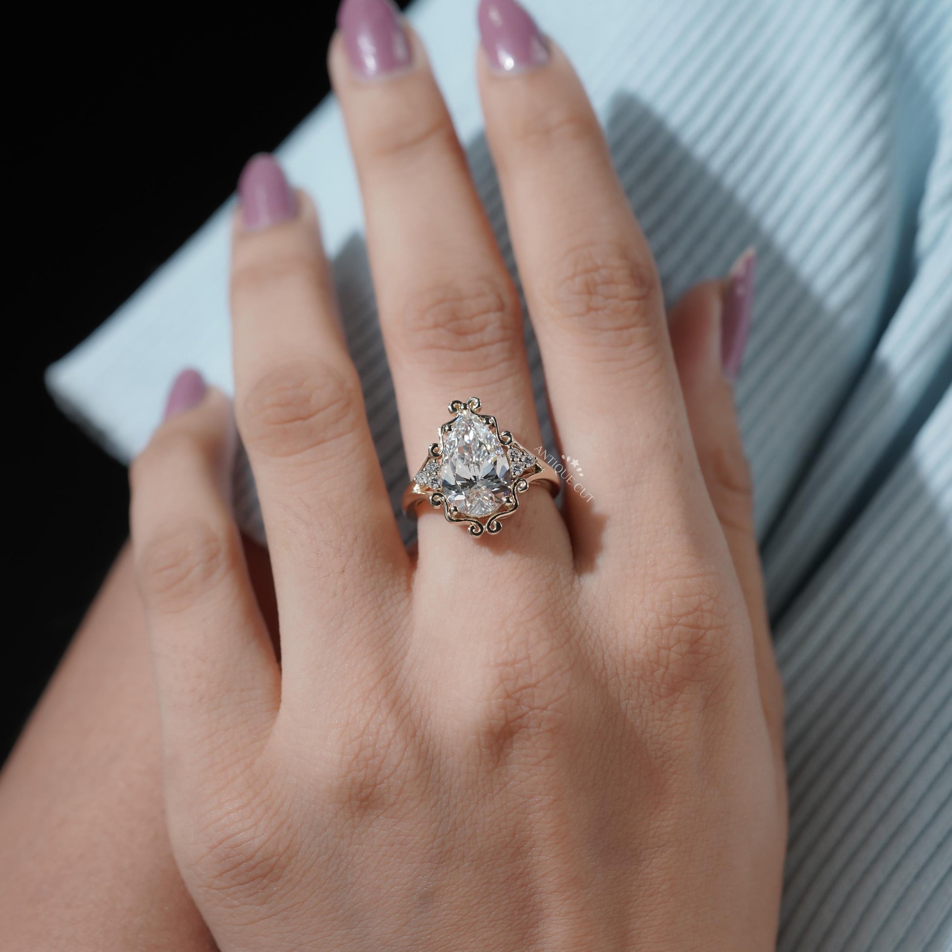 Luxury vintage pear diamond ring by Antiquecut